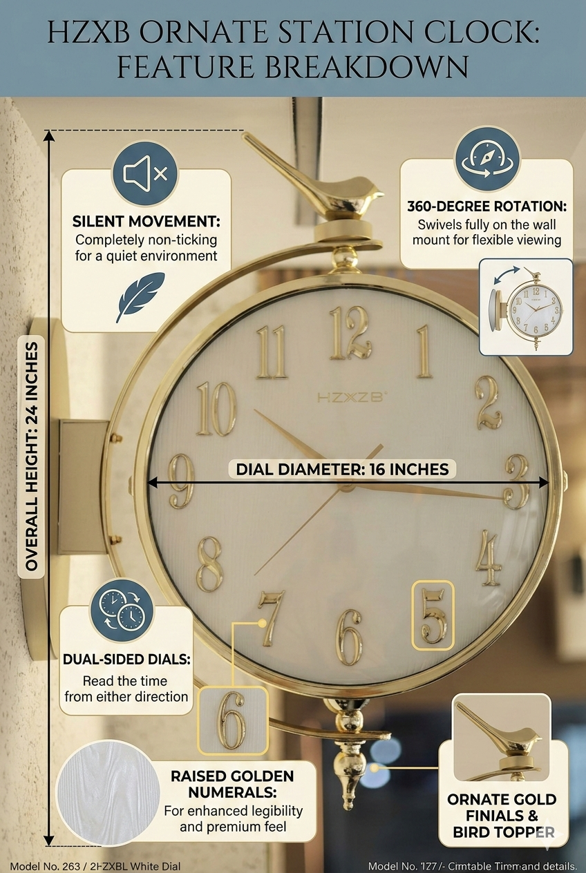 Luxury Silent Deer Wall Clock – Double-Sided | Green, White, Brown & Golden