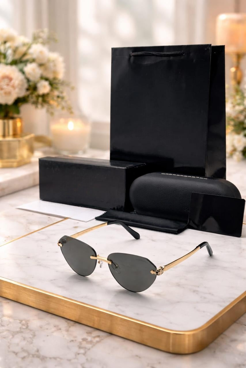 Luxury Rimless Oval Sunglasses for Women | Gold Frame Black Lens UV Protection