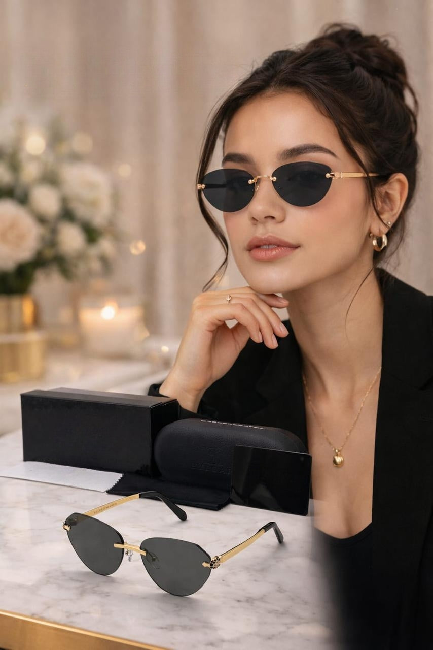 Luxury Rimless Oval Sunglasses for Women | Gold Frame Black Lens UV Protection