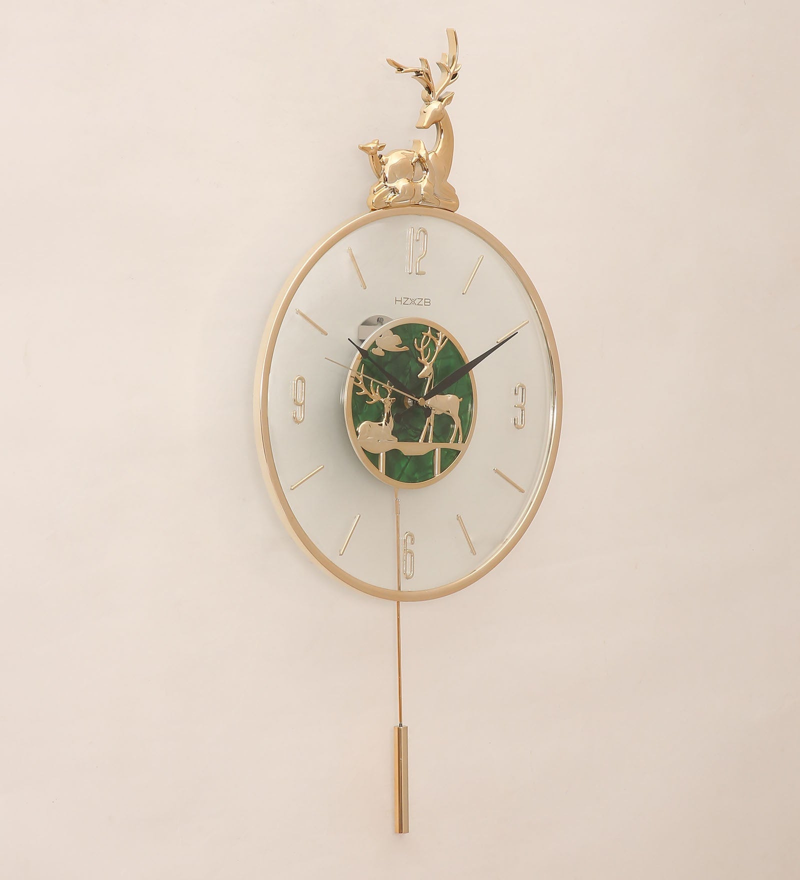 FunkyTradition Green Minimal Transparent Reindeer Pendulum Wall Clock , Wall Watch , Wall Decor for Home Office Decor and Gifts 60 CM Tall