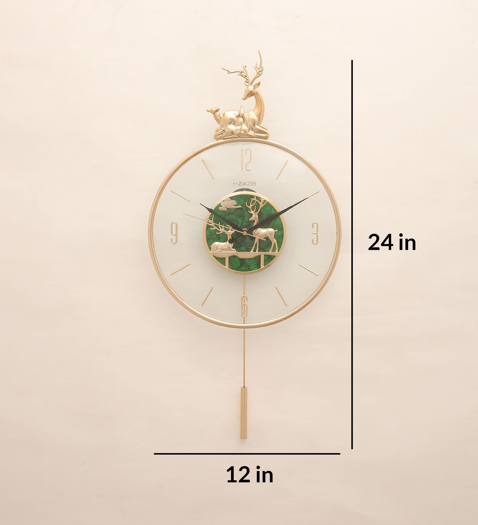 FunkyTradition Green Minimal Transparent Reindeer Pendulum Wall Clock , Wall Watch , Wall Decor for Home Office Decor and Gifts 60 CM Tall