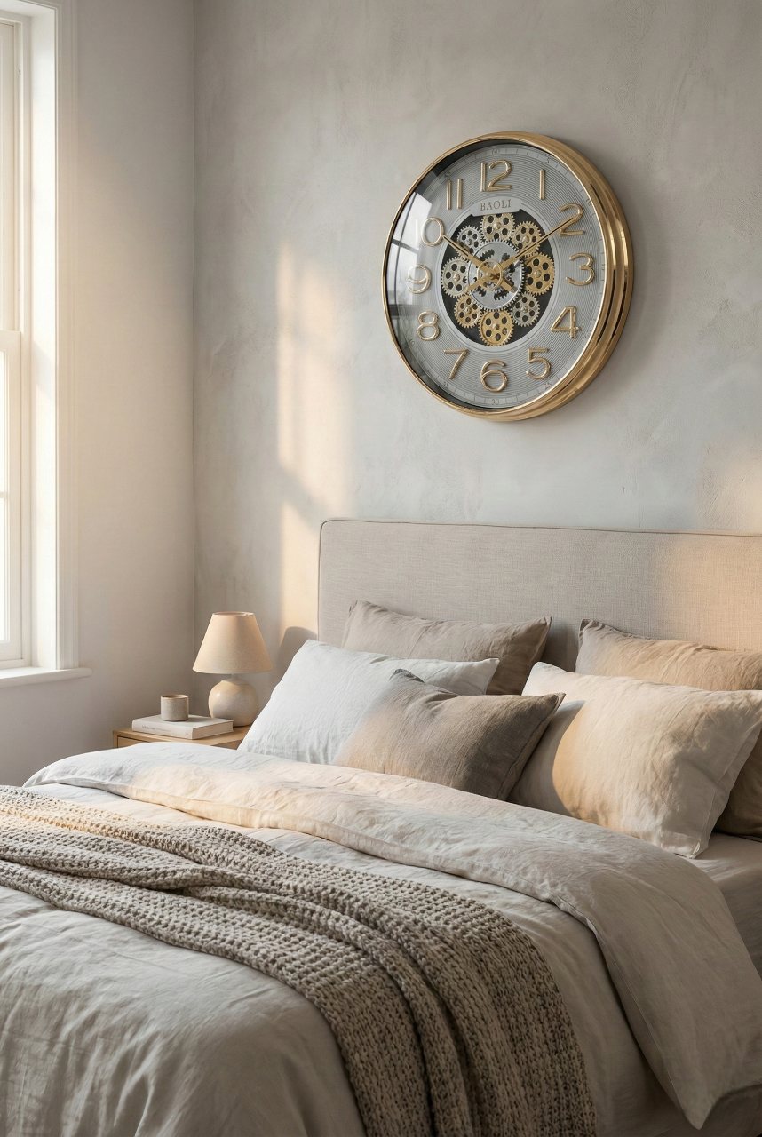 Decorative wall clock above a bed in a bedroom setting