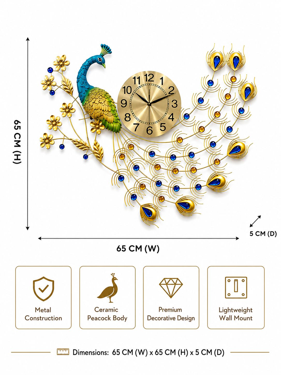 Decorative wall clock with peacock design and measurements on a white background