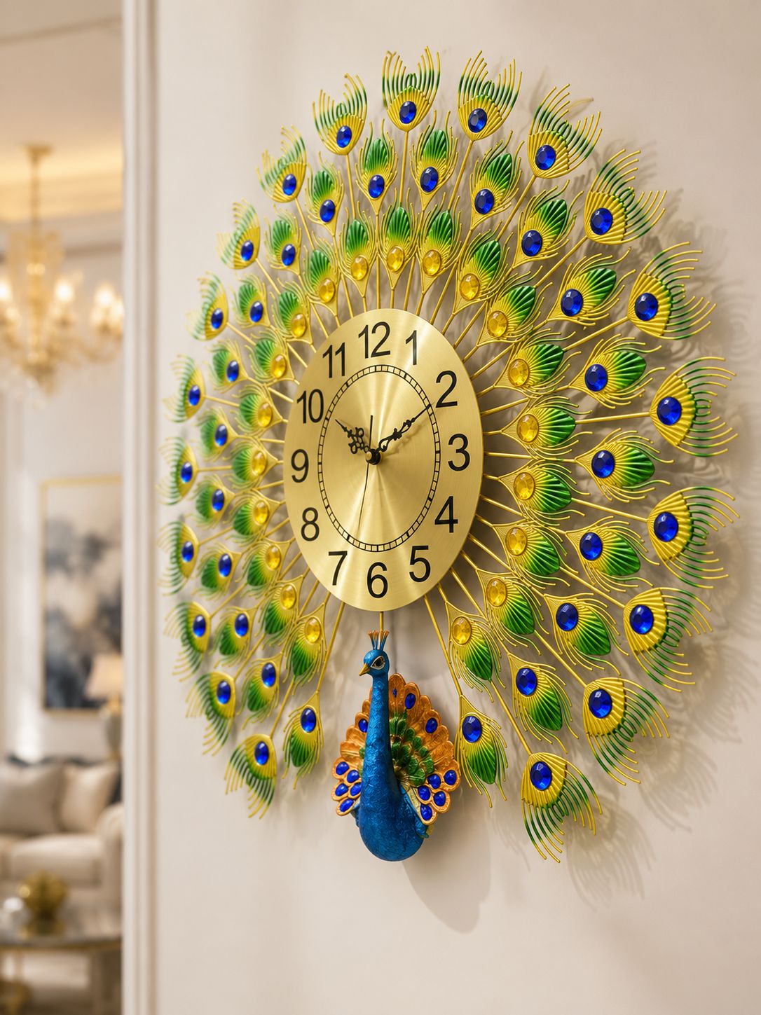 Luxury peacock metal wall clock with ceramic peacock pendant and crystal embellishments
