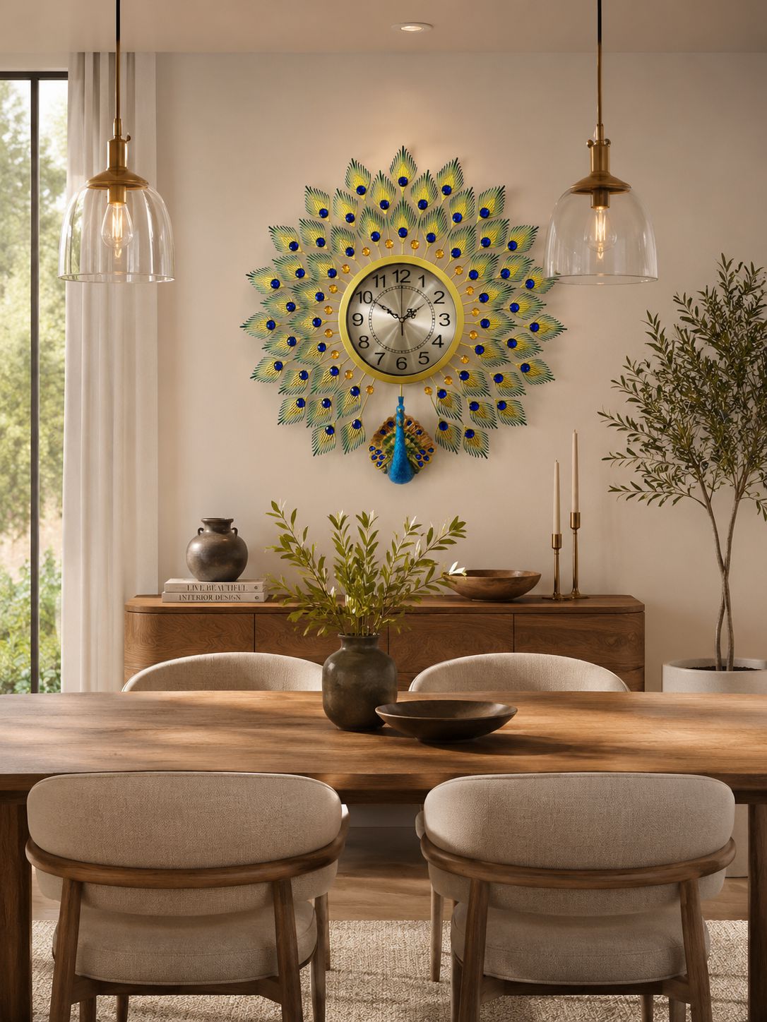 Luxury peacock wall clock displayed in modern dining room interior décor
