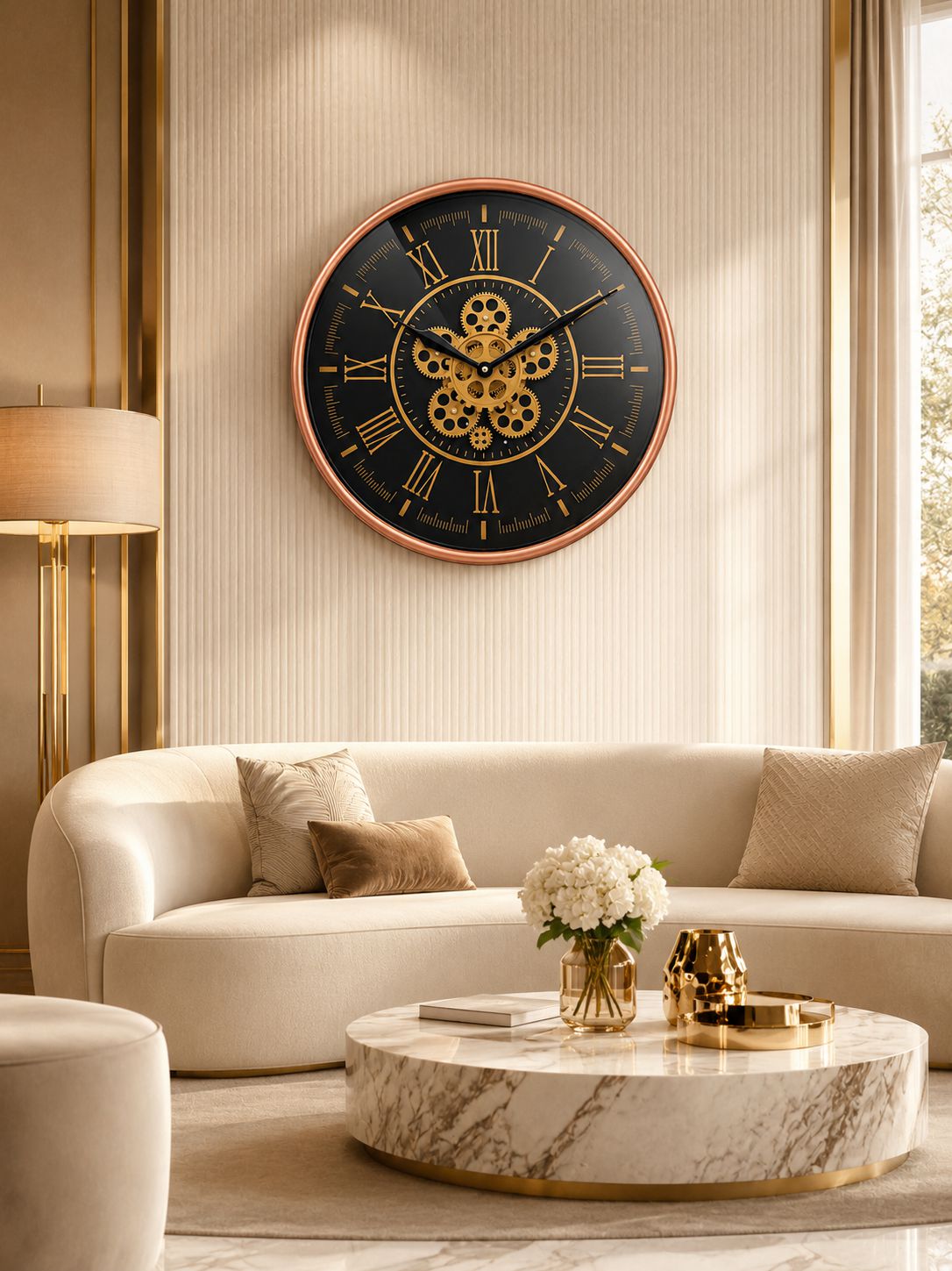 Rose Gold Designer Wall Clock Above Luxury Sofa