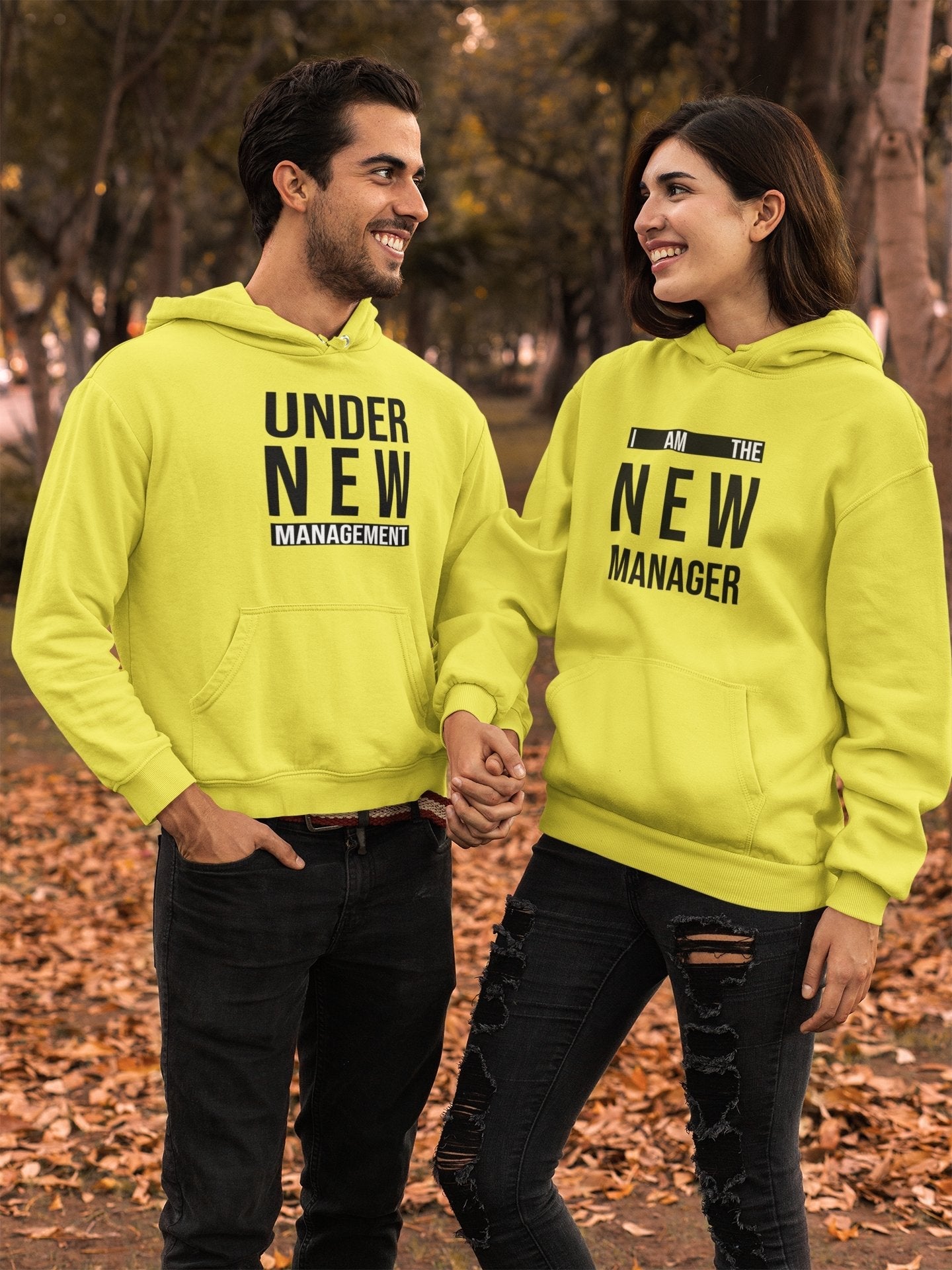 Under New Management Couple Hoodie-FunkyTradition - Funky Tees Club