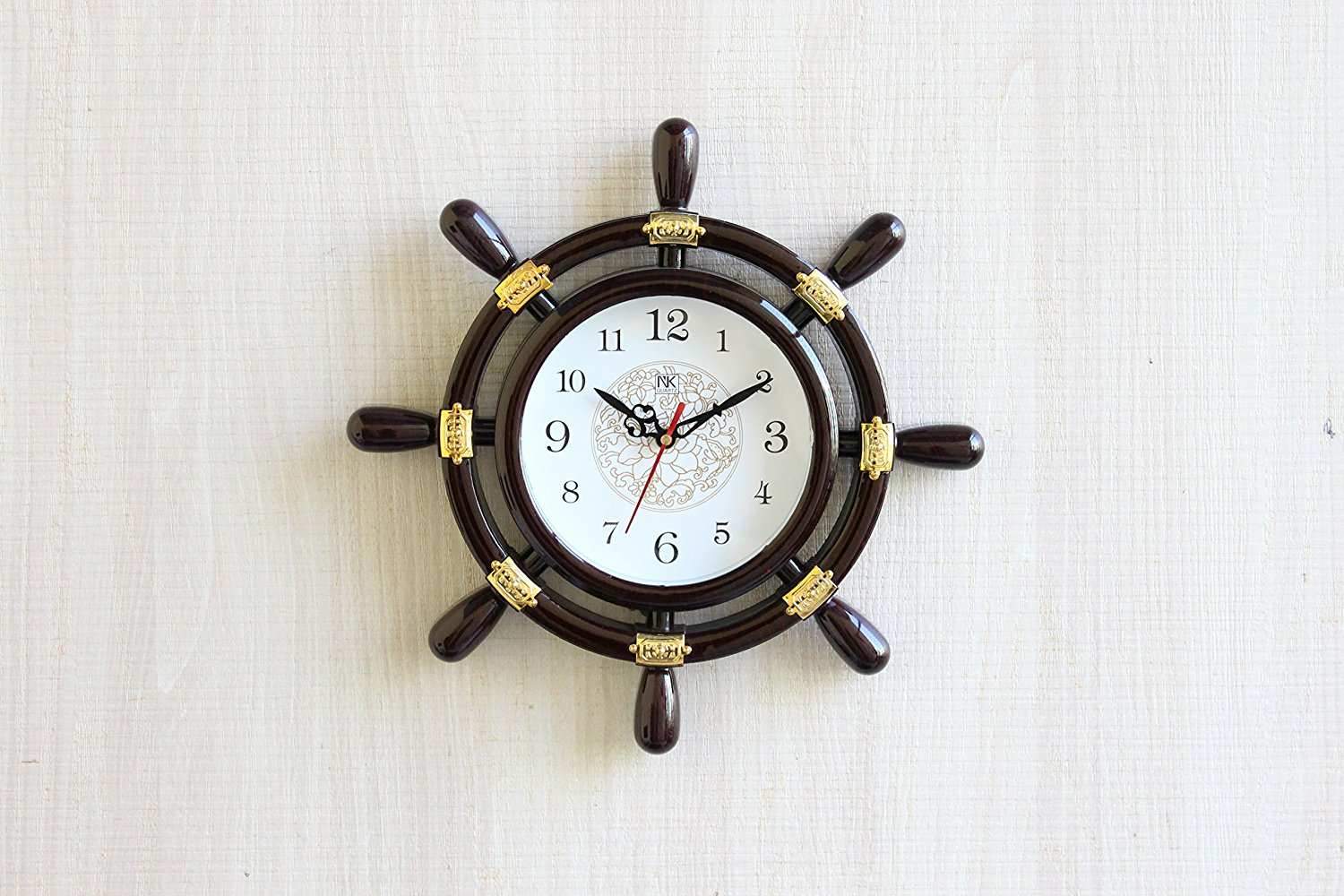 FunkyTradition Decorative Antique Retro Round Ship Steering Shape Plastic Pendulum Wall Clock for Home Office Decor and Gifts 40 CM Tall