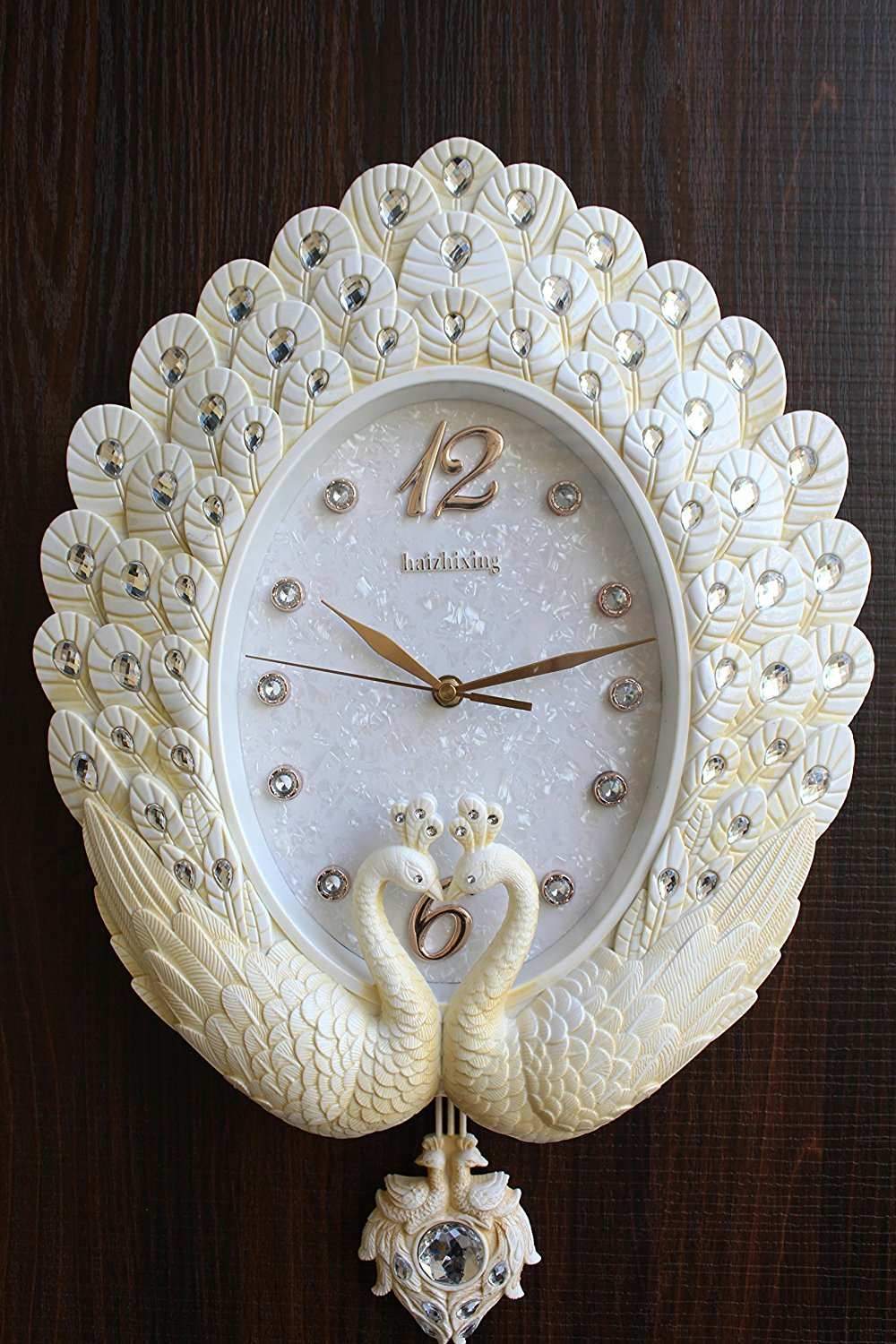 FunkyTradition Pearl White Peacock Pendulum Wall Clock , Wall Watch , Wall Decor for Home Office Decor and Gifts 55 CM Tall