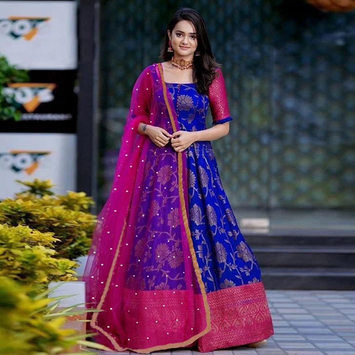 Adorable Designer Wear Royal Blue Partywear Jacquard Anarkali Gown With Net Dupatta-FunkyTradition