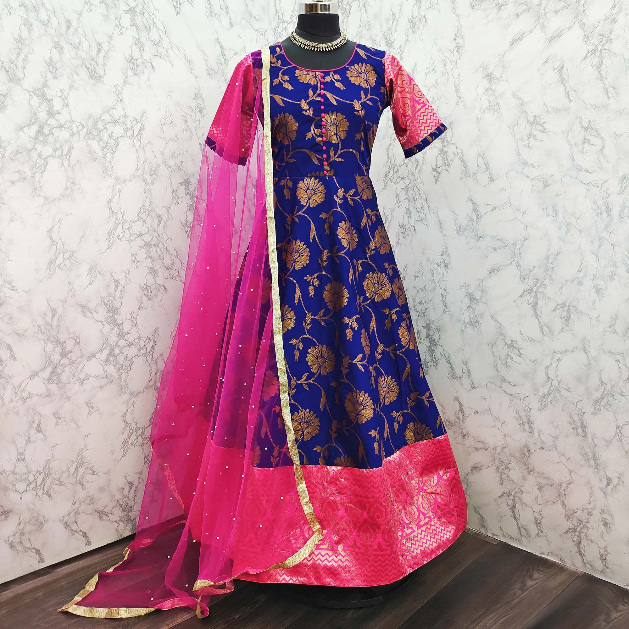 Adorable Designer Wear Royal Blue Partywear Jacquard Anarkali Gown With Net Dupatta-FunkyTradition