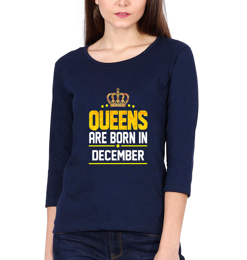 Queens Are Born In December Womens Full Sleeves T-Shirts-FunkyTradition