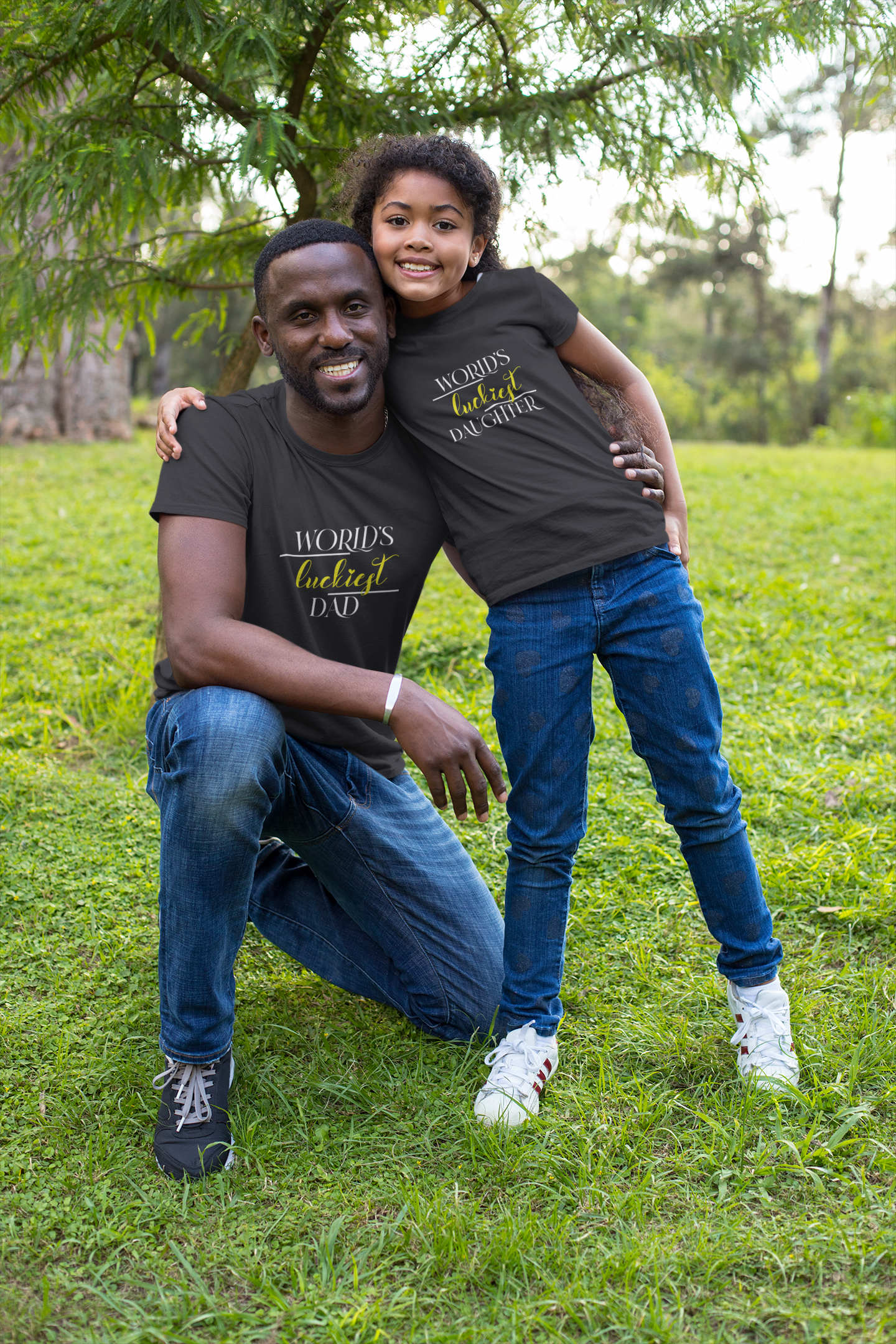 Luckiest Dad Father and Daughter Black Matching T-Shirt- FunkyTradition