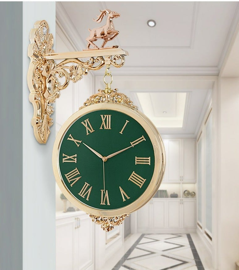 FunkyTradition Luxury Look Deer Golden Green Round Wall Hanging Double Sided 2 Faces Retro Station Wall Clock