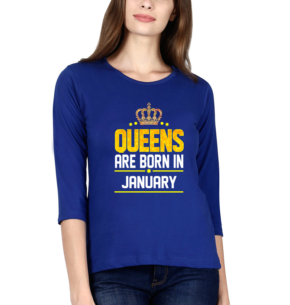 Queens Are Born In January Womens Full Sleeves T-Shirts-FunkyTradition