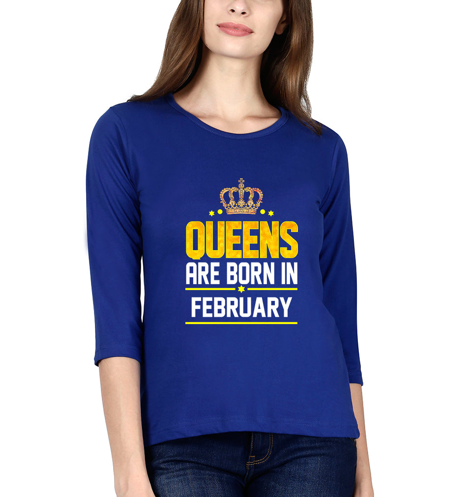 Queens Are  Born In February Womens Full Sleeves T-Shirts-FunkyTradition