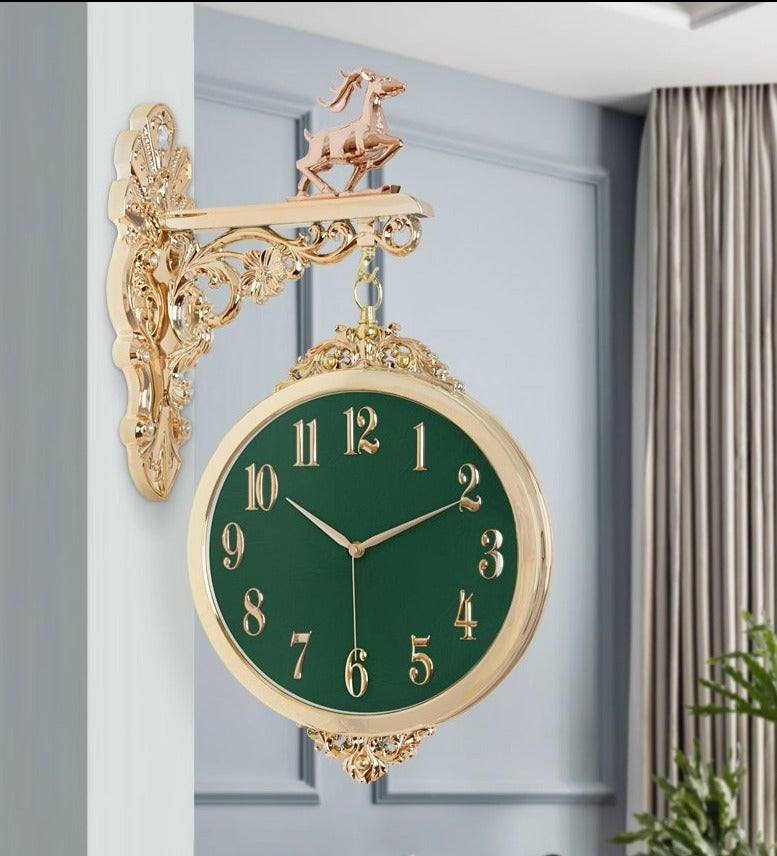 FunkyTradition Luxury Look Deer Golden Green Round Wall Hanging Double Sided 2 Faces Retro Station Wall Clock
