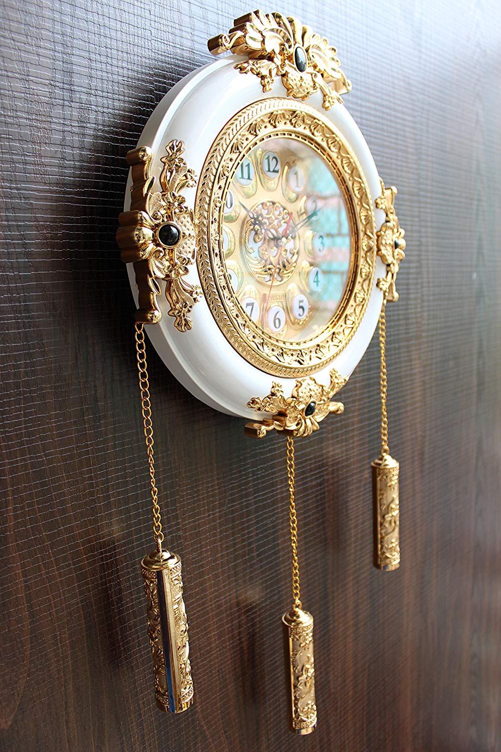 FunkyTradition Royal Designer Gold Plated White Premium String Hanging Wall Clock for Home Office Decor 55 cm Tall