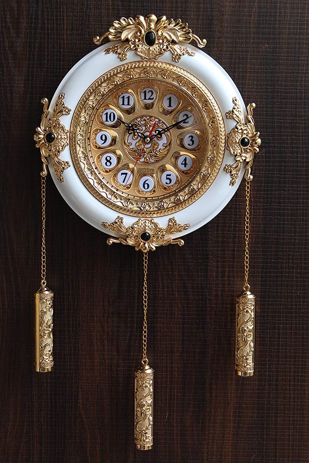 FunkyTradition Royal Designer Gold Plated White Premium String Hanging Wall Clock for Home Office Decor 55 cm Tall