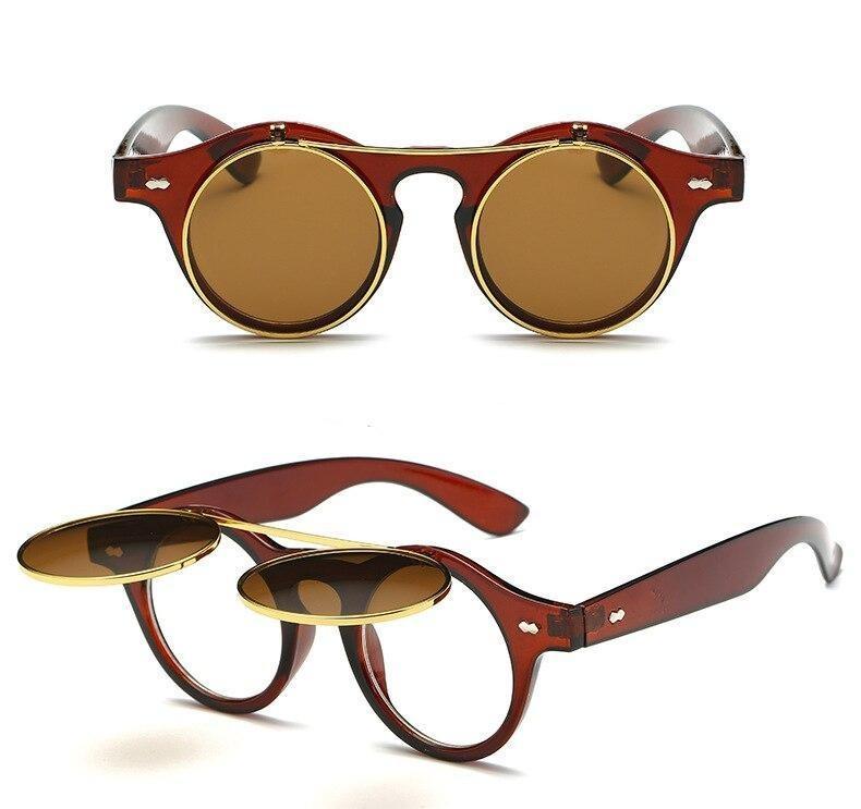 Stylish Vintage Round Flip Up Sunglasses Transparent Frame Women Men - FunkyTradition