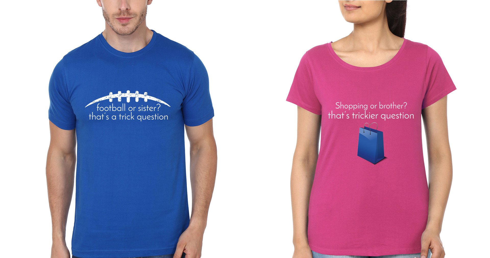 FunkyTradition Football Or Sister Brother Or Shopping  Brother Sister Pink Blue Sleeves T Shirt