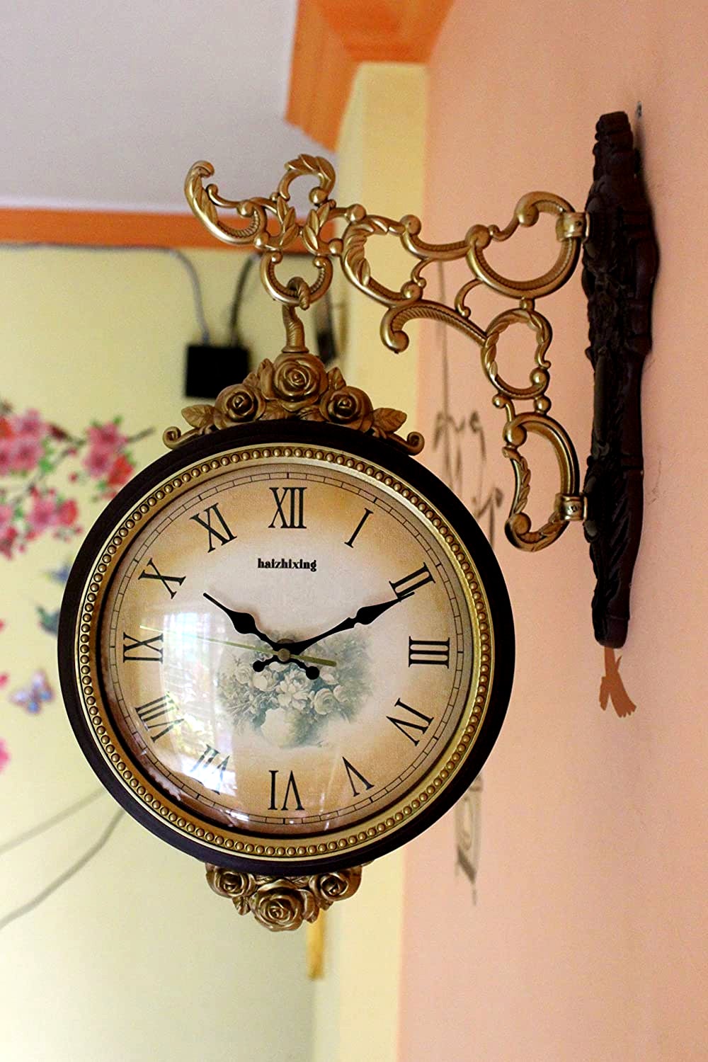 FunkyTradition Royal Antique-Look Brown Round Wall Hanging Double Sided 2 Faces Retro Station Wall Clock