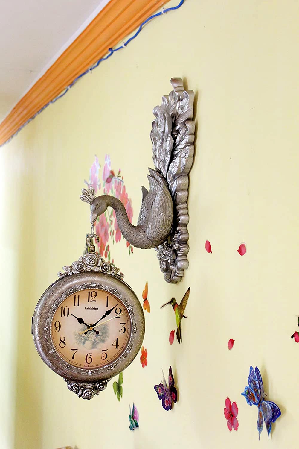 FunkyTradition Royal Silver Dual Hanging Peacock Wall Clock| Wall Watch | Wall Clock for Home Office Decor and Gifts 75 cm Tall