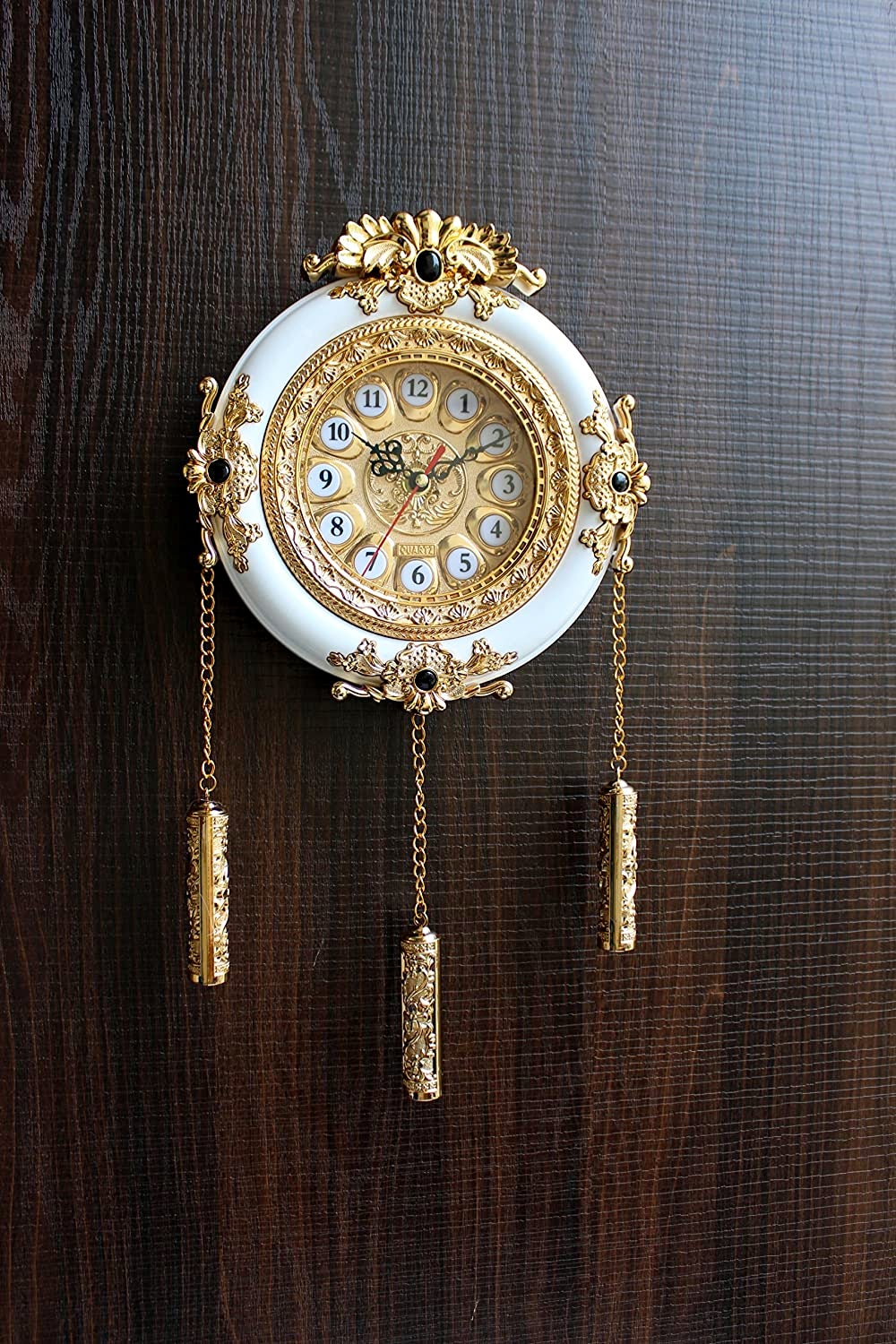 FunkyTradition Royal Designer Gold Plated White Premium String Hanging Wall Clock for Home Office Decor 43 cm Tall