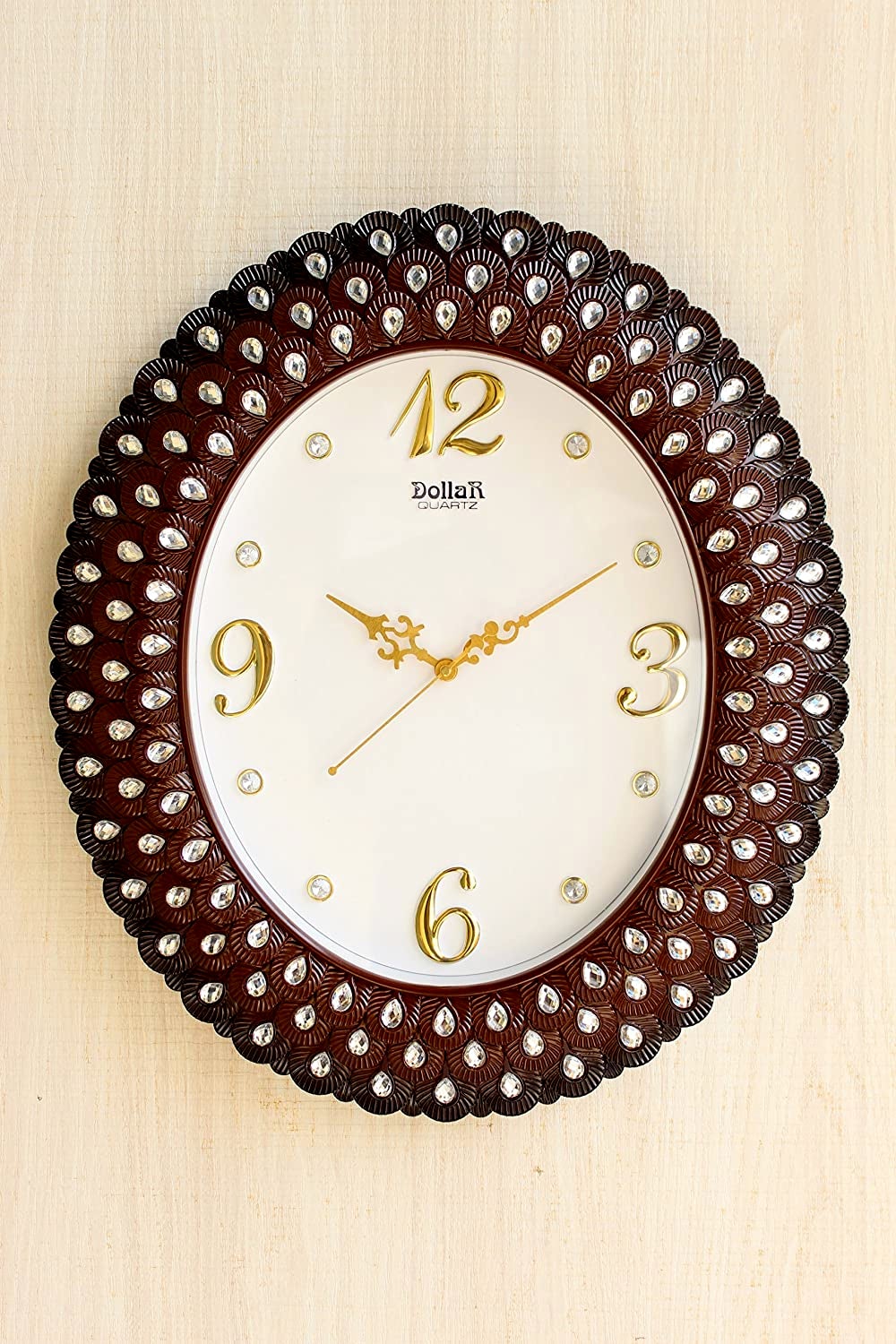 FunkyTradition Royal Pearl Diamond Cherry Brown Wall Clock, Wall Watch, Wall Decor for Home Office Decor and Gifts 47 cm Tall