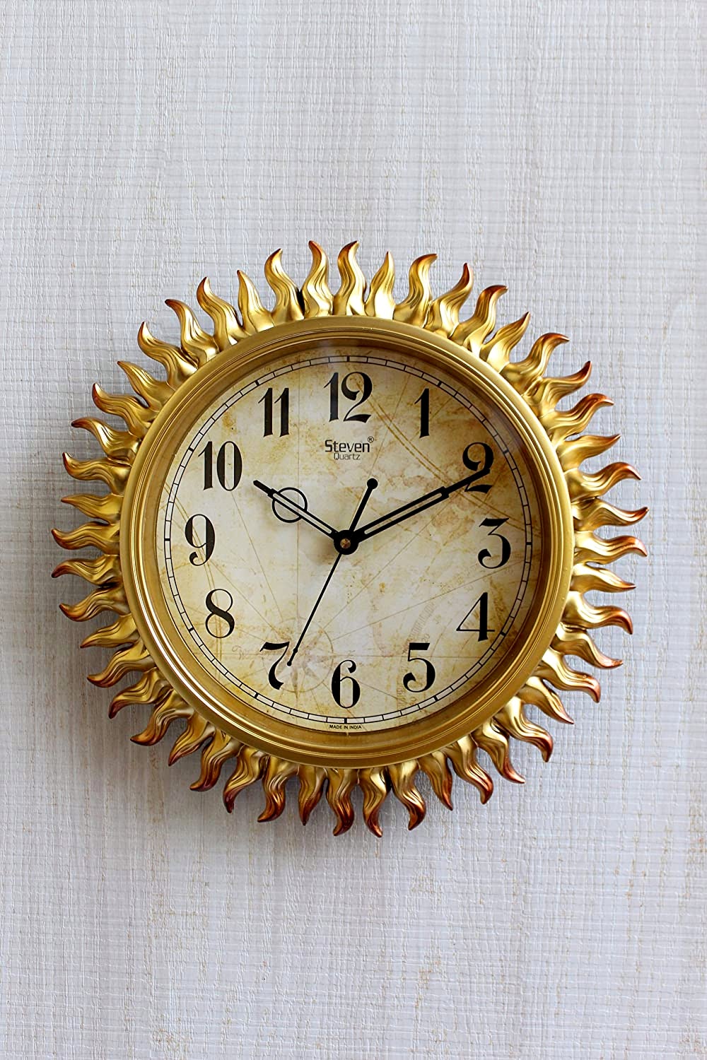 FunkyTradition Royal Designer Golden Sun Shaped Wall Clock, Wall Watch, Wall Decor for Home Office Decor and Gifts 31 cm Tall