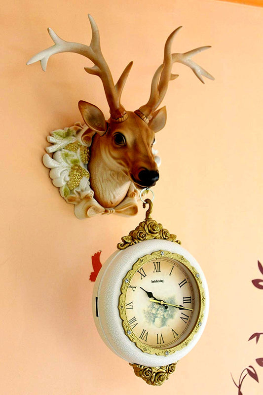 FunkyTradition Royal Multicolor Dual Hanging Reindeer Wall Clock for Home Office Decor and Gifts 75 CM Tall
