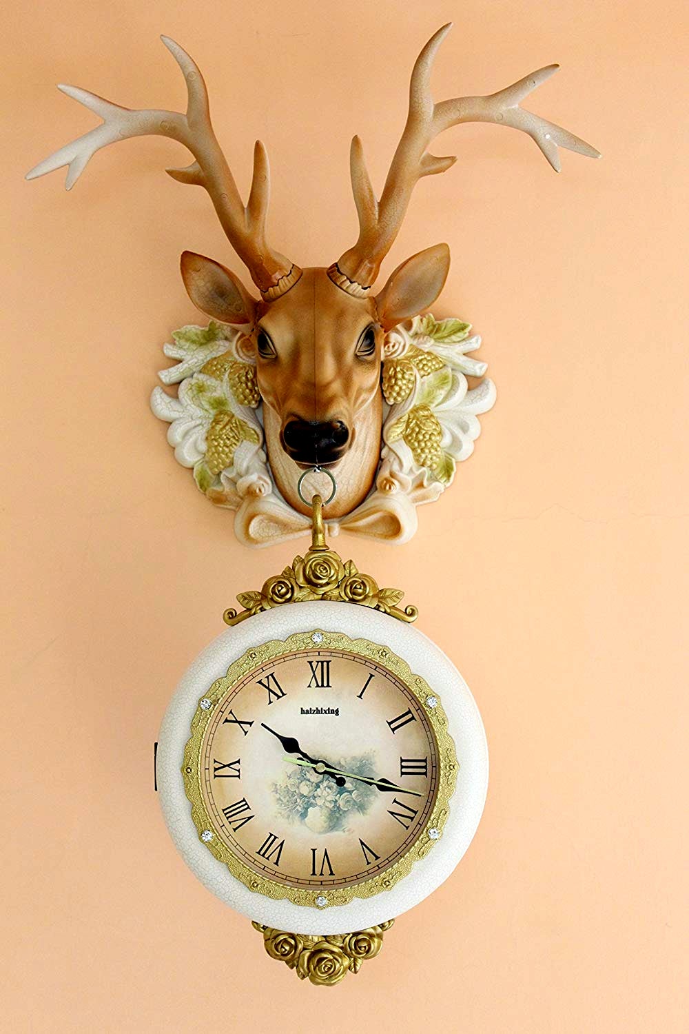 FunkyTradition Royal Multicolor Dual Hanging Reindeer Wall Clock for Home Office Decor and Gifts 75 CM Tall