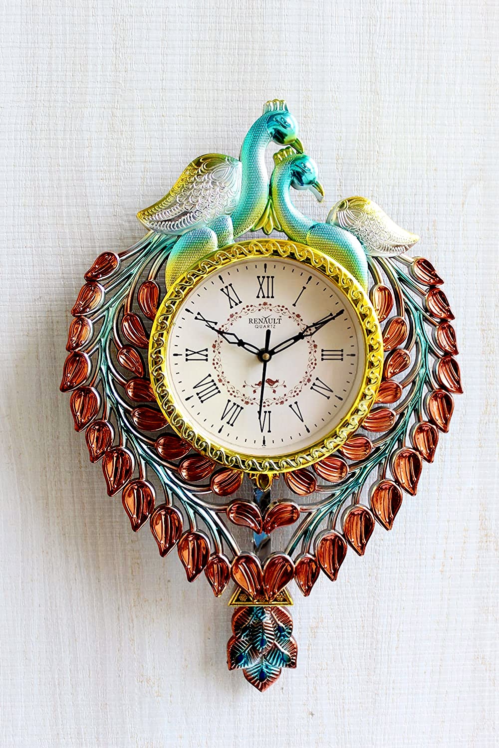 FunkyTradition Multicolored Beautiful Peacock Pendulum Wall Clock, Wall Watch, Wall Decor for Home Office Decor and Gifts 42 cm Tall