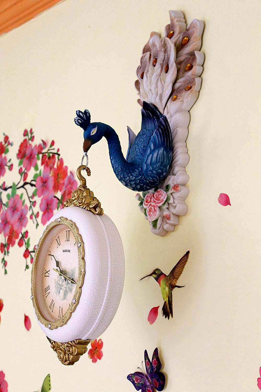 FunkyTradition Royal Multicolor Dual Hanging Peacock Wall Clock for Home Office Decor and Gifts 75 CM Tall