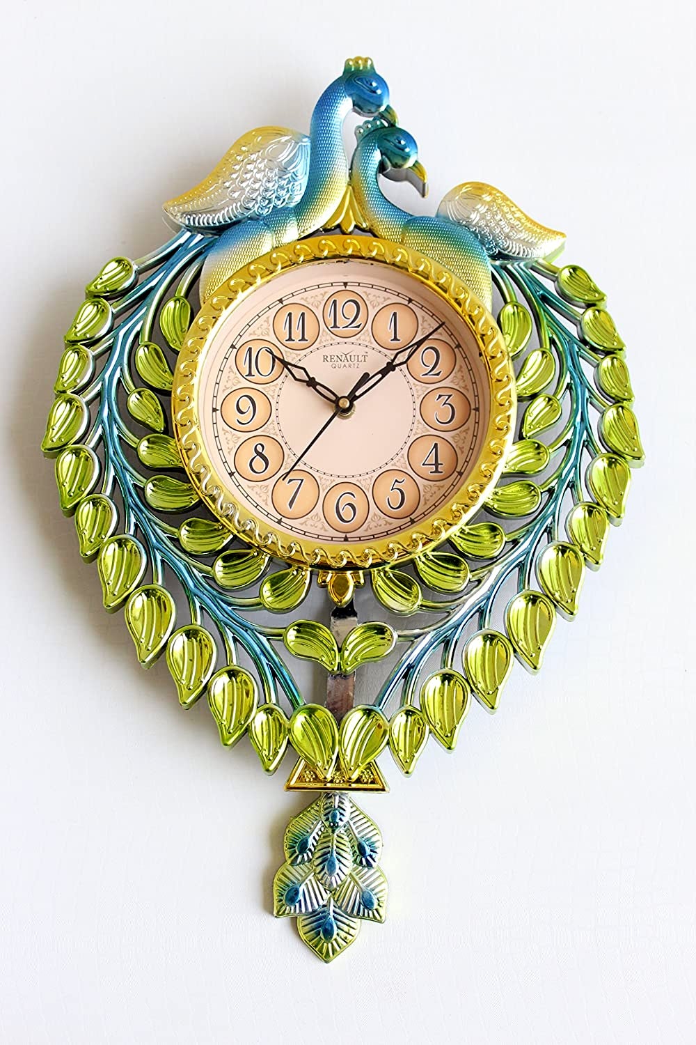 FunkyTradition Multicolored Green Peacock Pendulum Wall Clock, Wall Watch, Wall Decor for Home Office Decor and Gifts 42 cm Tall