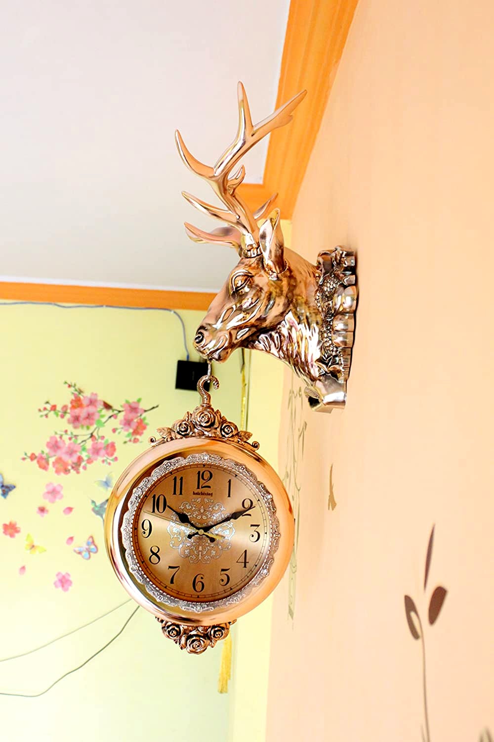 FunkyTradition Royal Metallic Color Dual Hanging Reindeer Wall Clock| Wall Watch | Wall Clock for Home Office Decor and Gifts 75 cm Tall