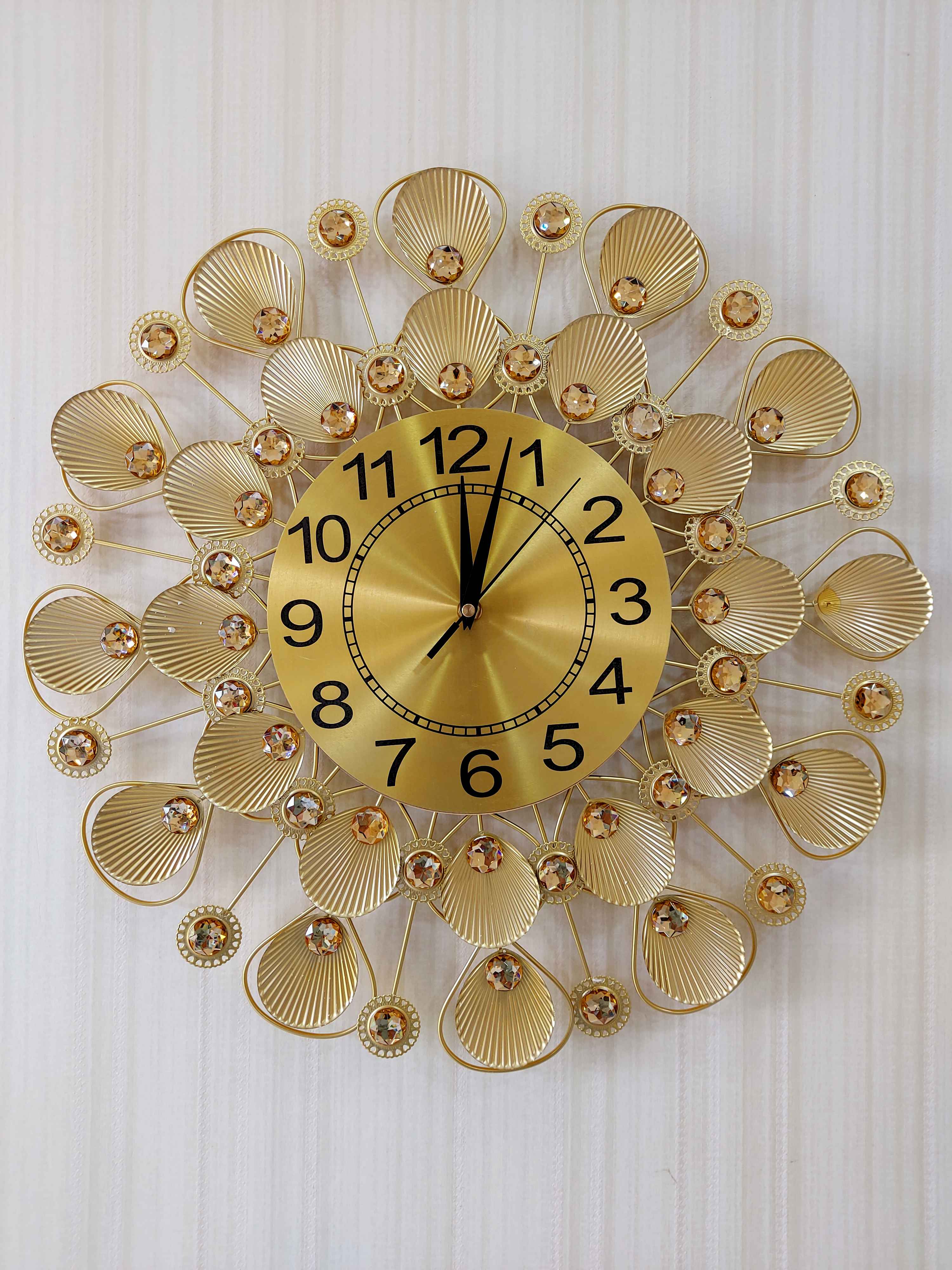 FunkyTradition 3D Golden Flower Pallets Diamond Studded Wall Clock, Wall Watch, Wall Decor for Home Office Decor and Gifts 50 CM Tall