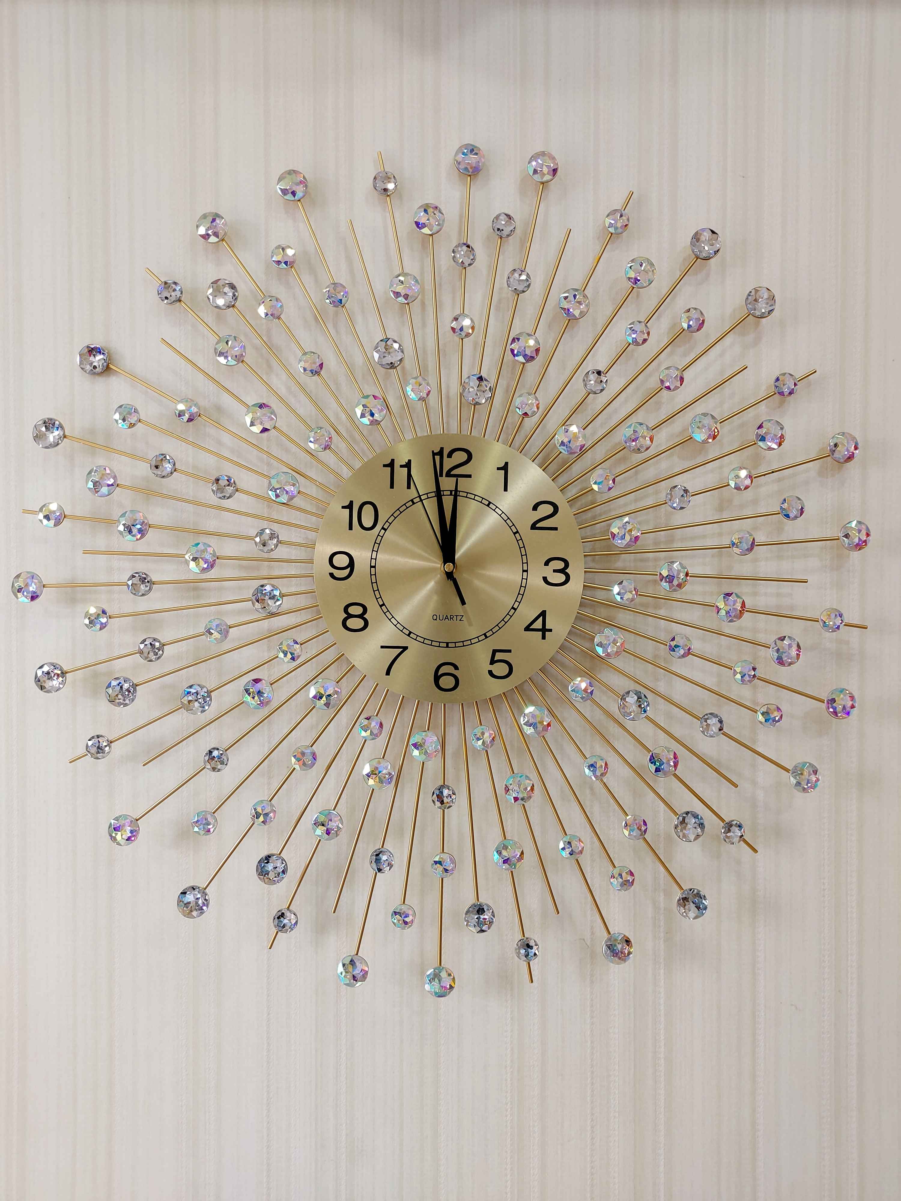 FunkyTradition 3D Golden Sun Shaped Diamond Studded Wall Clock, Wall Watch, Wall Decor for Home Office Decor and Gifts 62 CM Tall