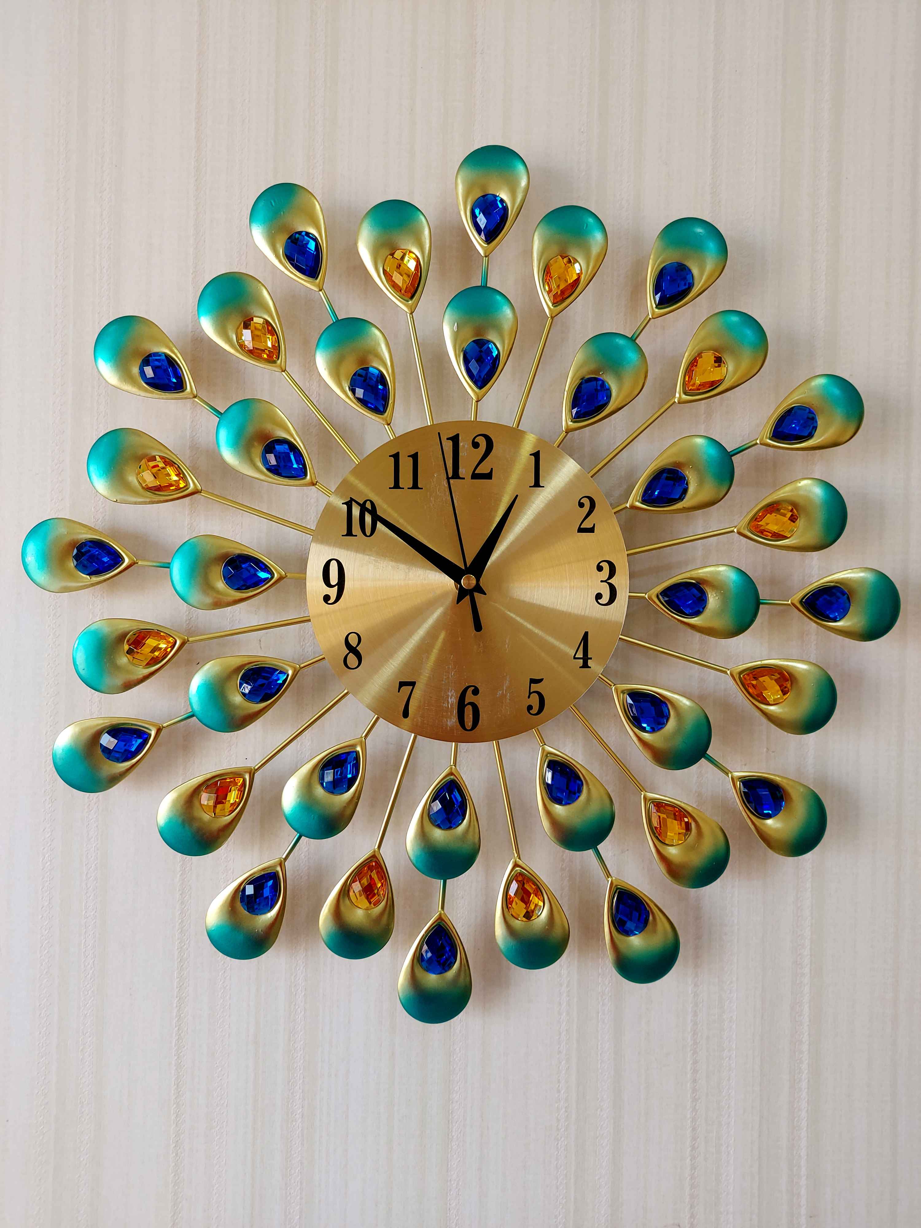 FunkyTradition 3D Multicolor Peacock Feather Pallets Diamond Studded Wall Clock, Wall Watch, Wall Decor for Home Office Decor and Gifts 45 CM Tall