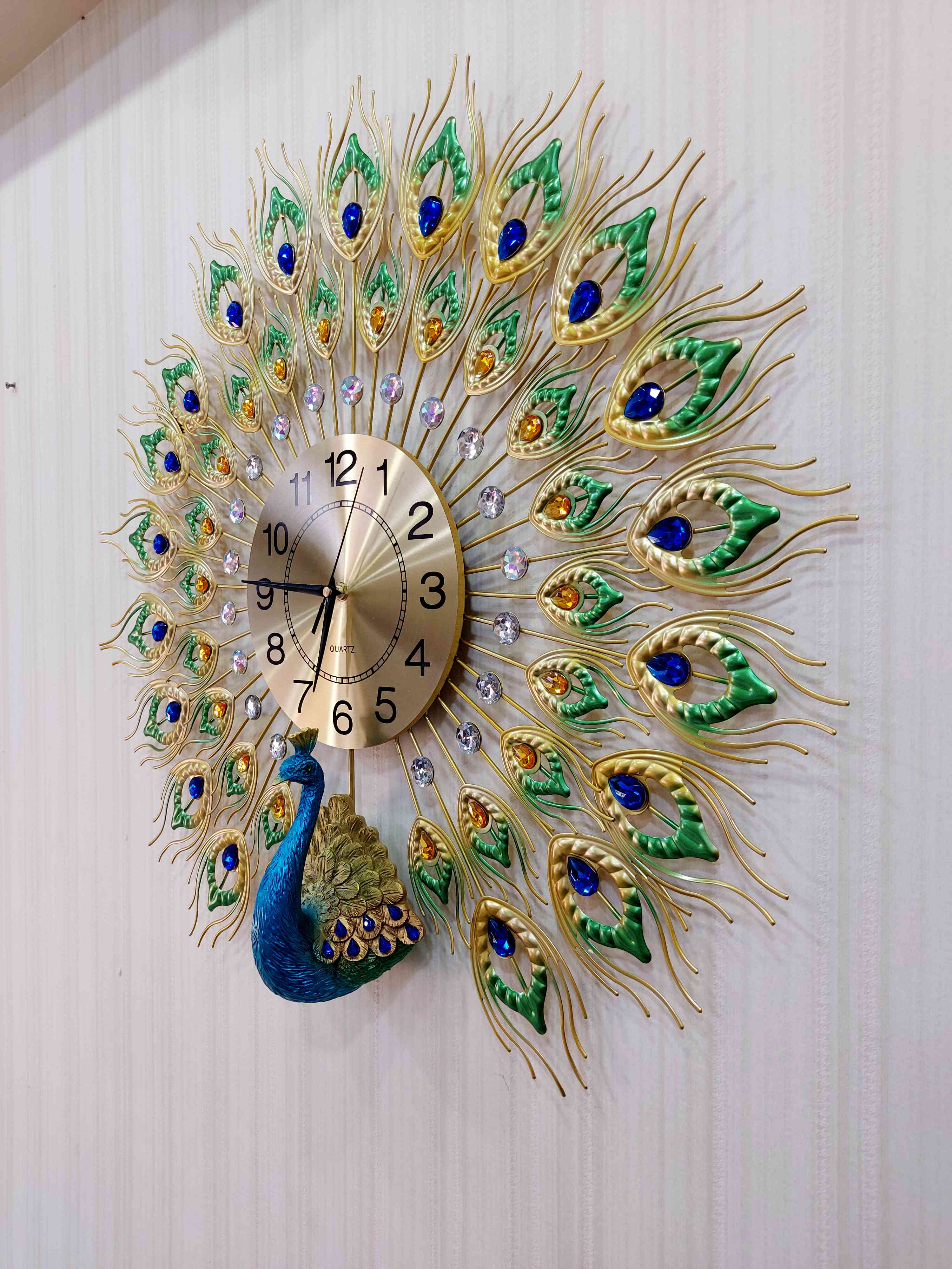 FunkyTradition 3D Peacock Feather Open Wall Clock, Wall Watch, Wall Decor for Home Office Decor and Gifts 60 CM Tall