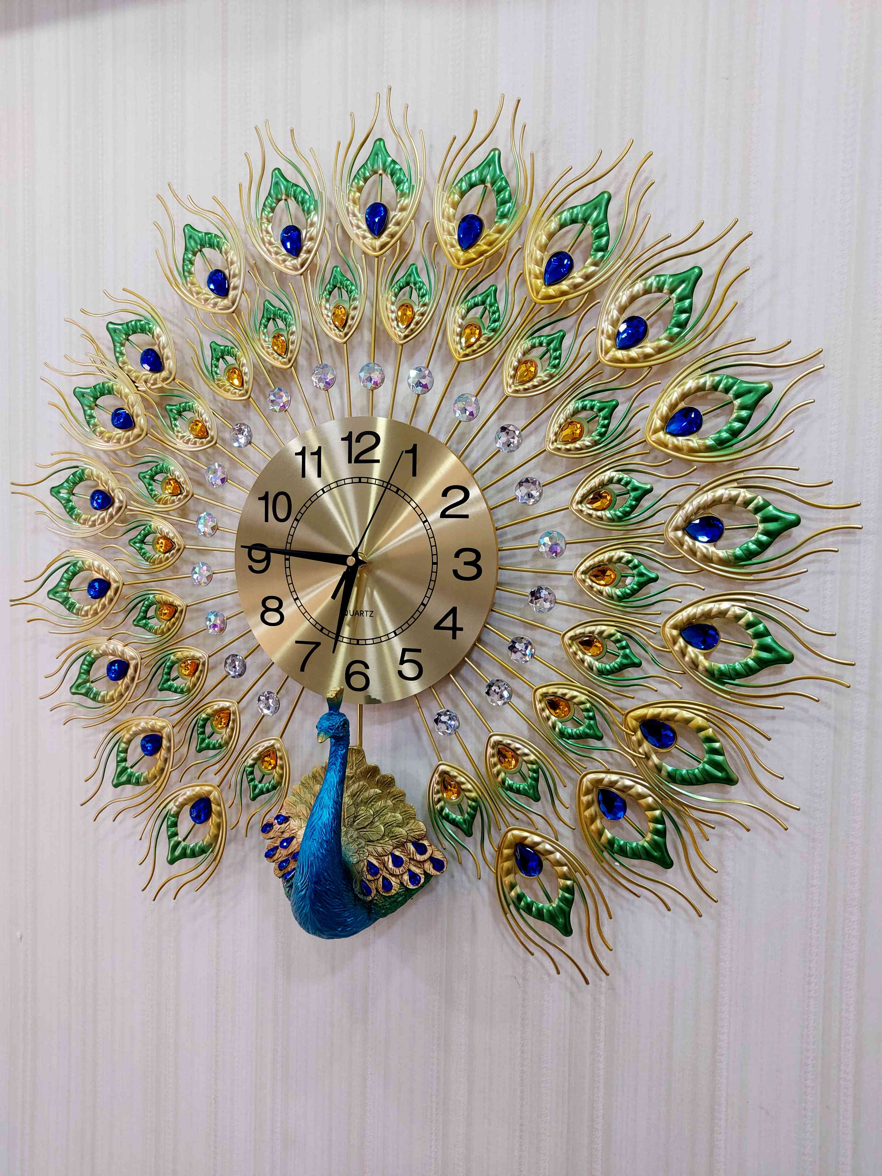 FunkyTradition 3D Peacock Feather Open Wall Clock, Wall Watch, Wall Decor for Home Office Decor and Gifts 60 CM Tall