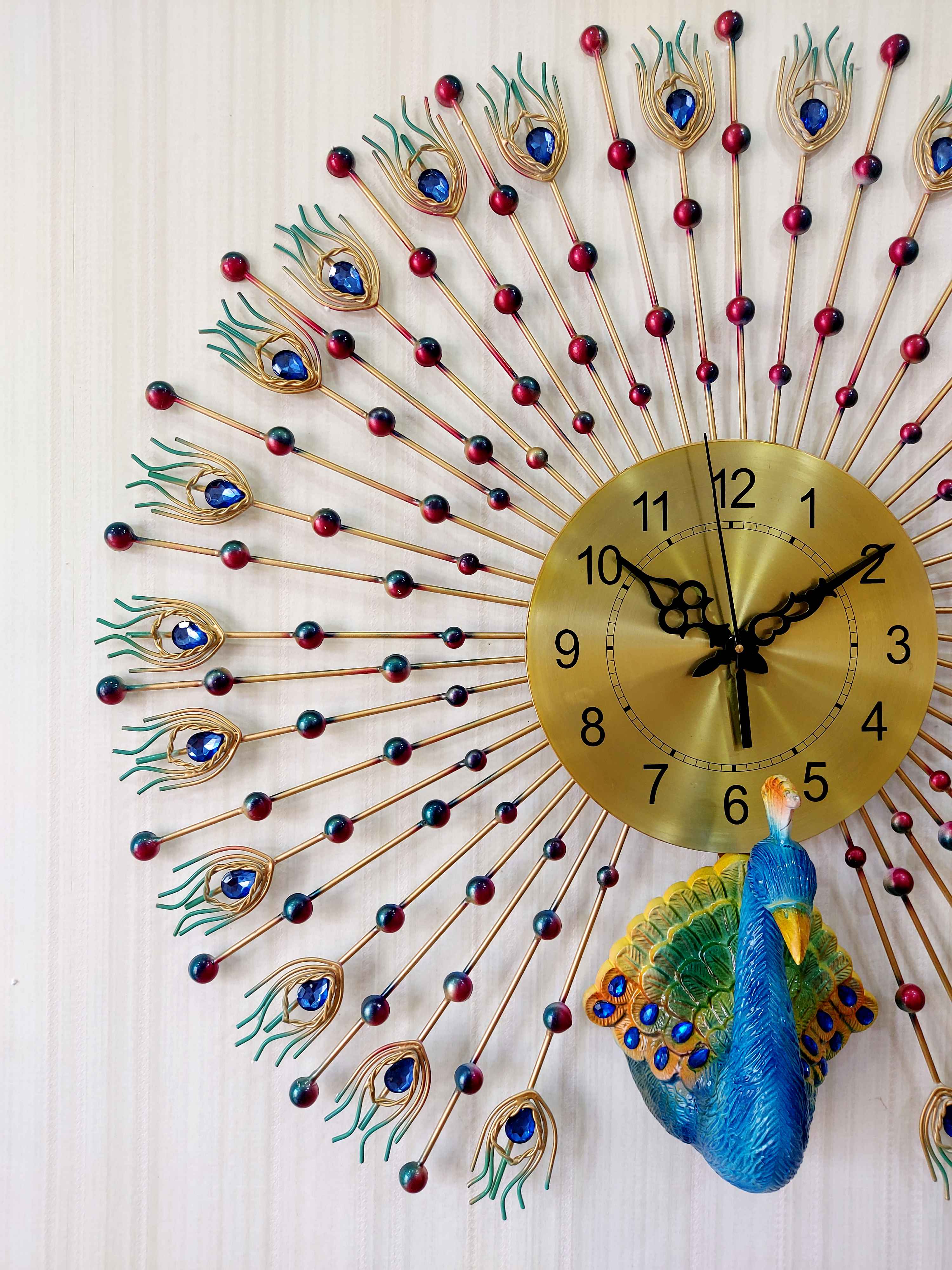 FunkyTradition 3D Peacock Feather Open Wall Clock, Wall Watch, Wall Decor for Home Office Decor and Gifts 80 CM Tall