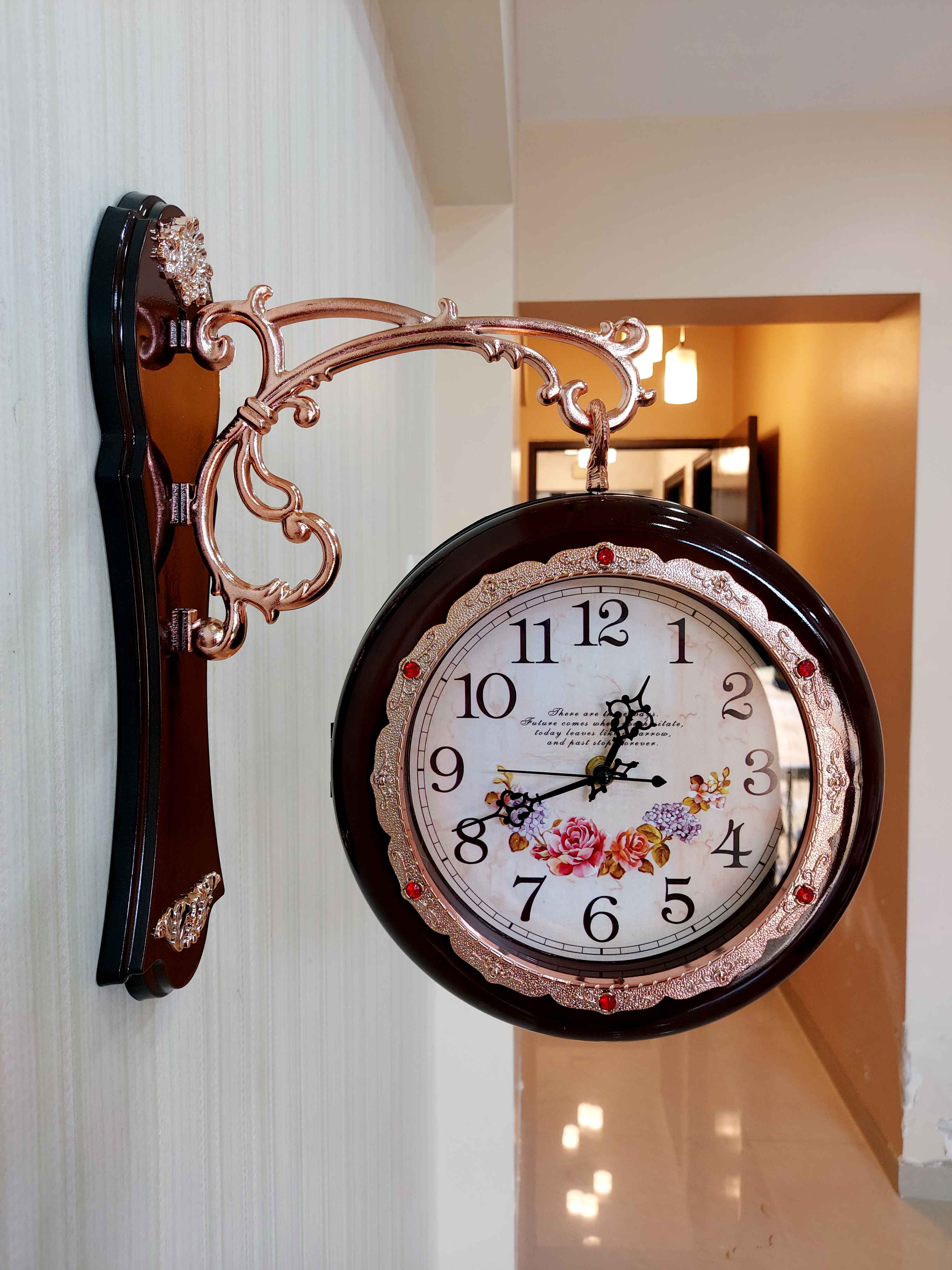 FunkyTradition Designer Antique-Look Brown Round Wall Hanging Double Sided 2 Faces Retro Station Wall Clock