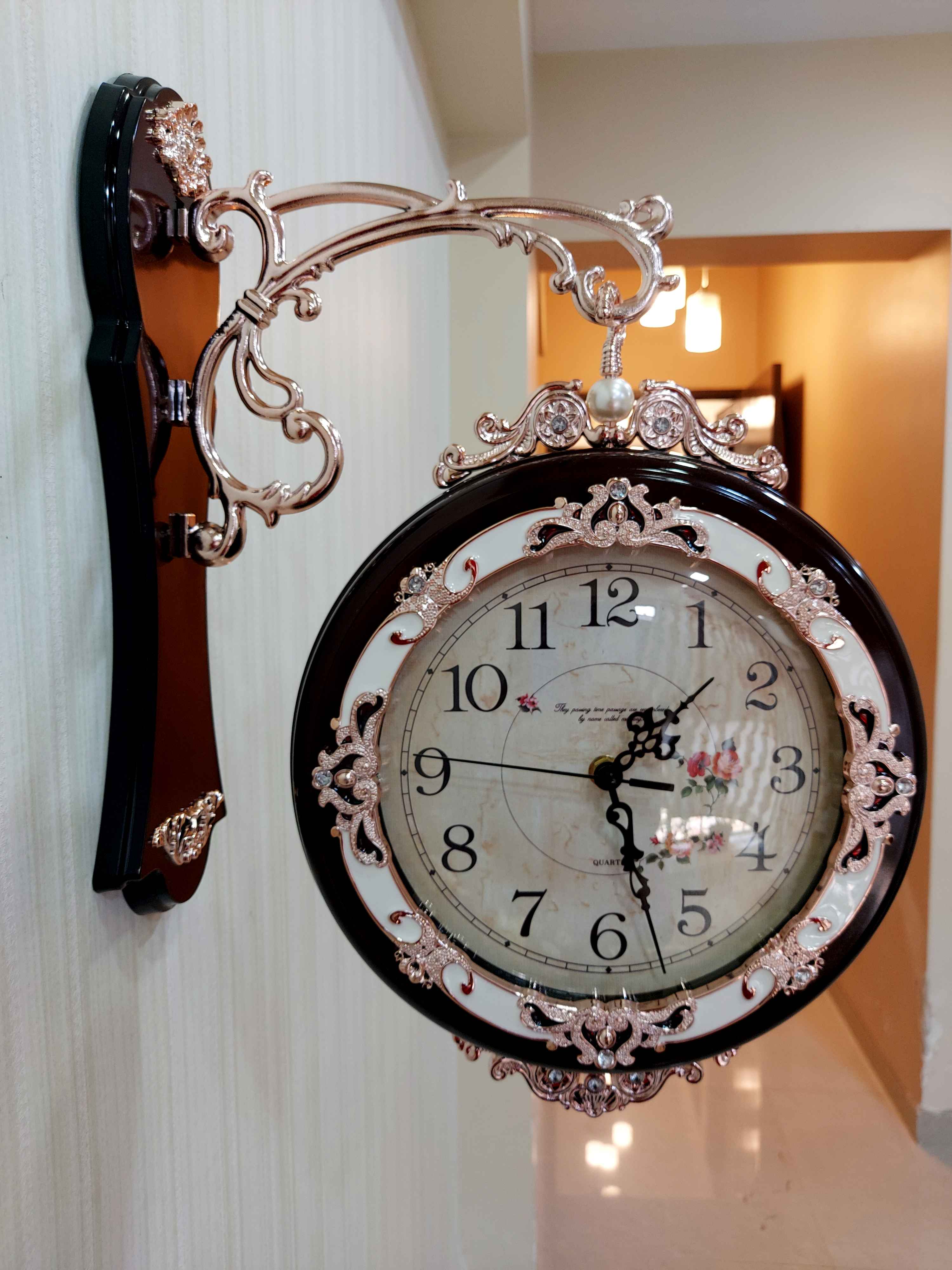 FunkyTradition Designer Antique-Look Brown Round Wall Hanging Double Sided 2 Faces Retro Station Wall Clock