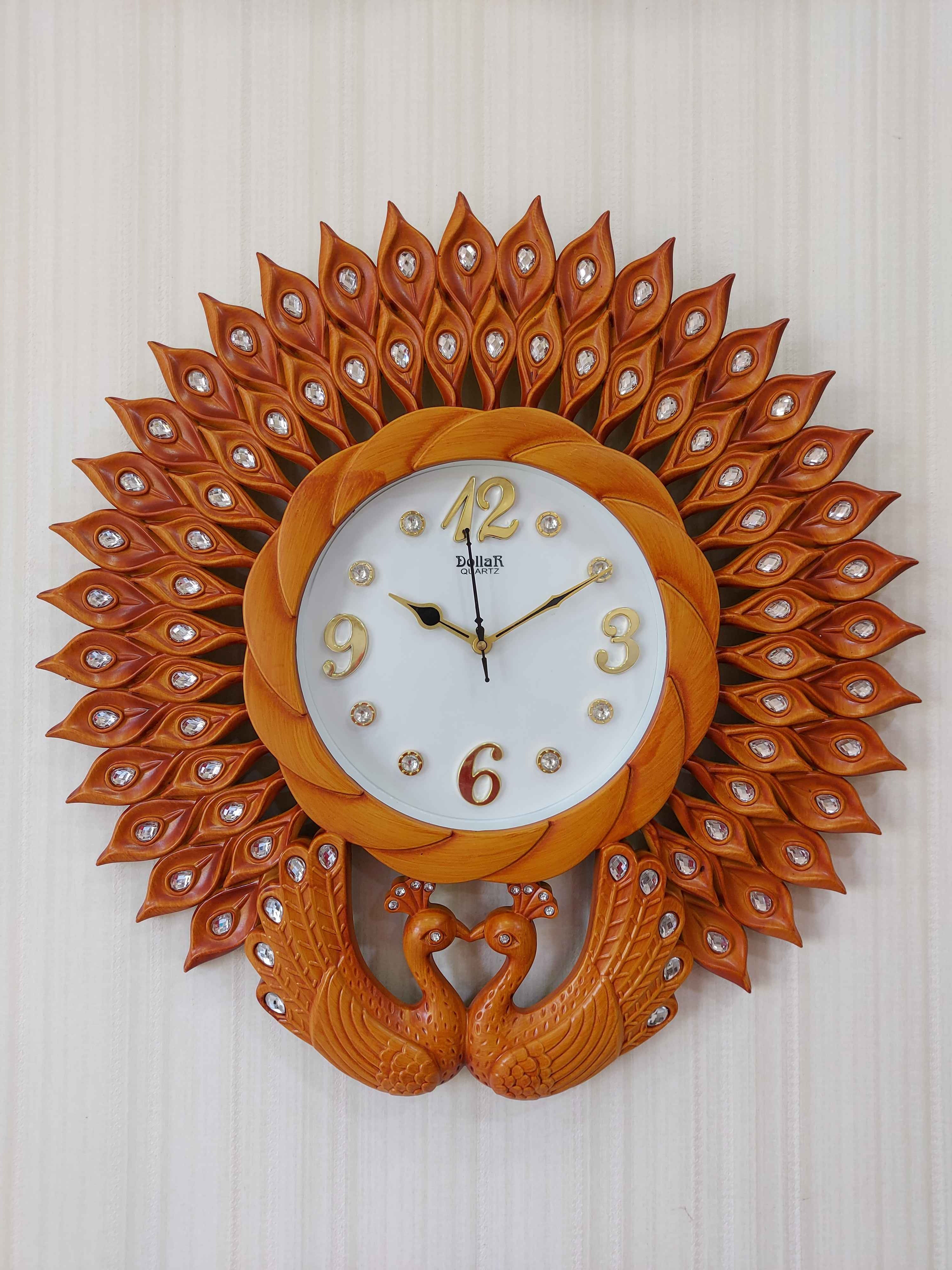 FunkyTradition Designer Tan Color Peacock Wall Clock , Wall Watch , Wall Décor for Home Office Decor and Gifts 52 CM Tall