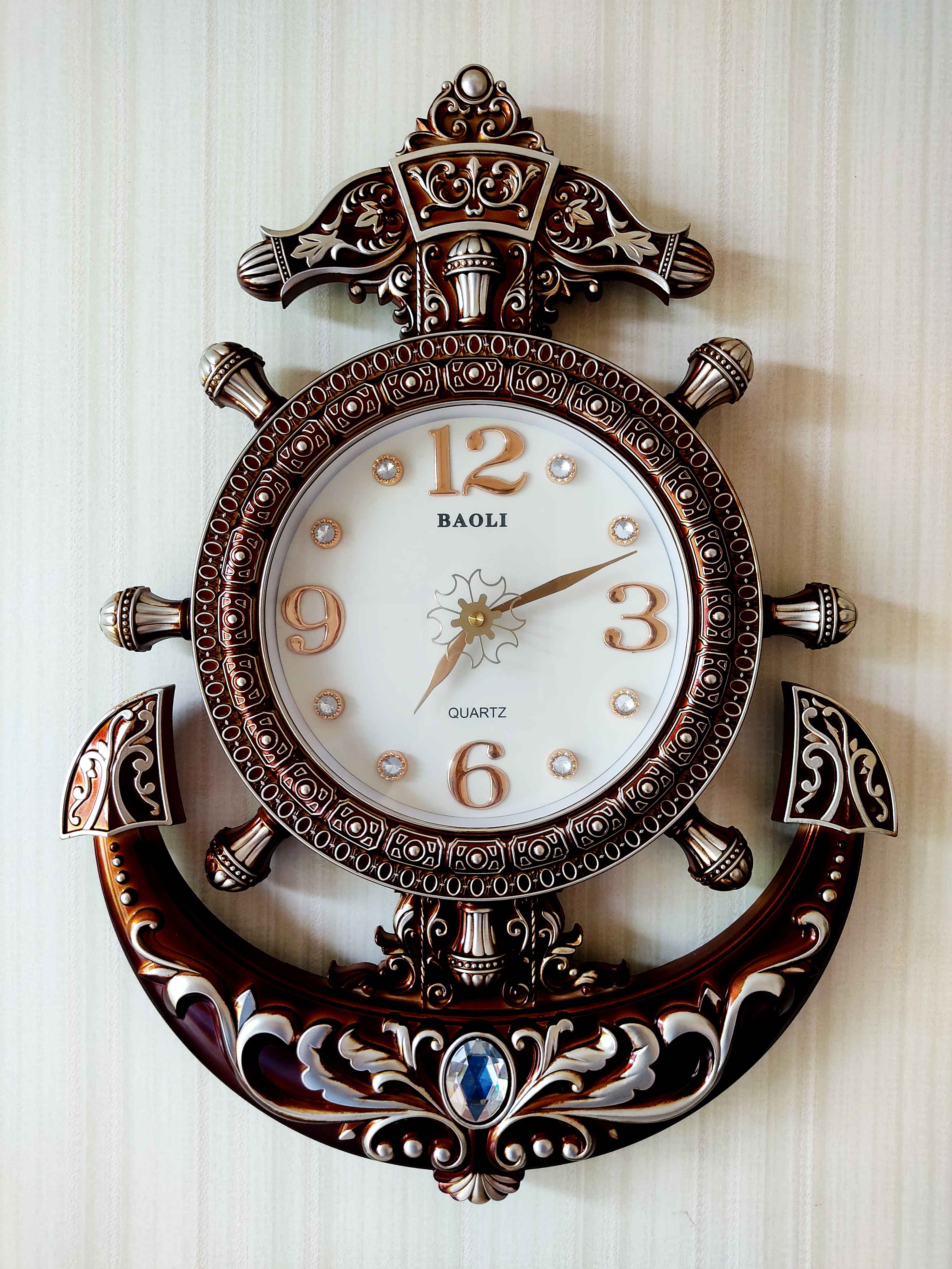FunkyTradition Diamond Studded Anchor Brown Color Wall Clock for Home Office Decor and Gifts 57 CM Tall