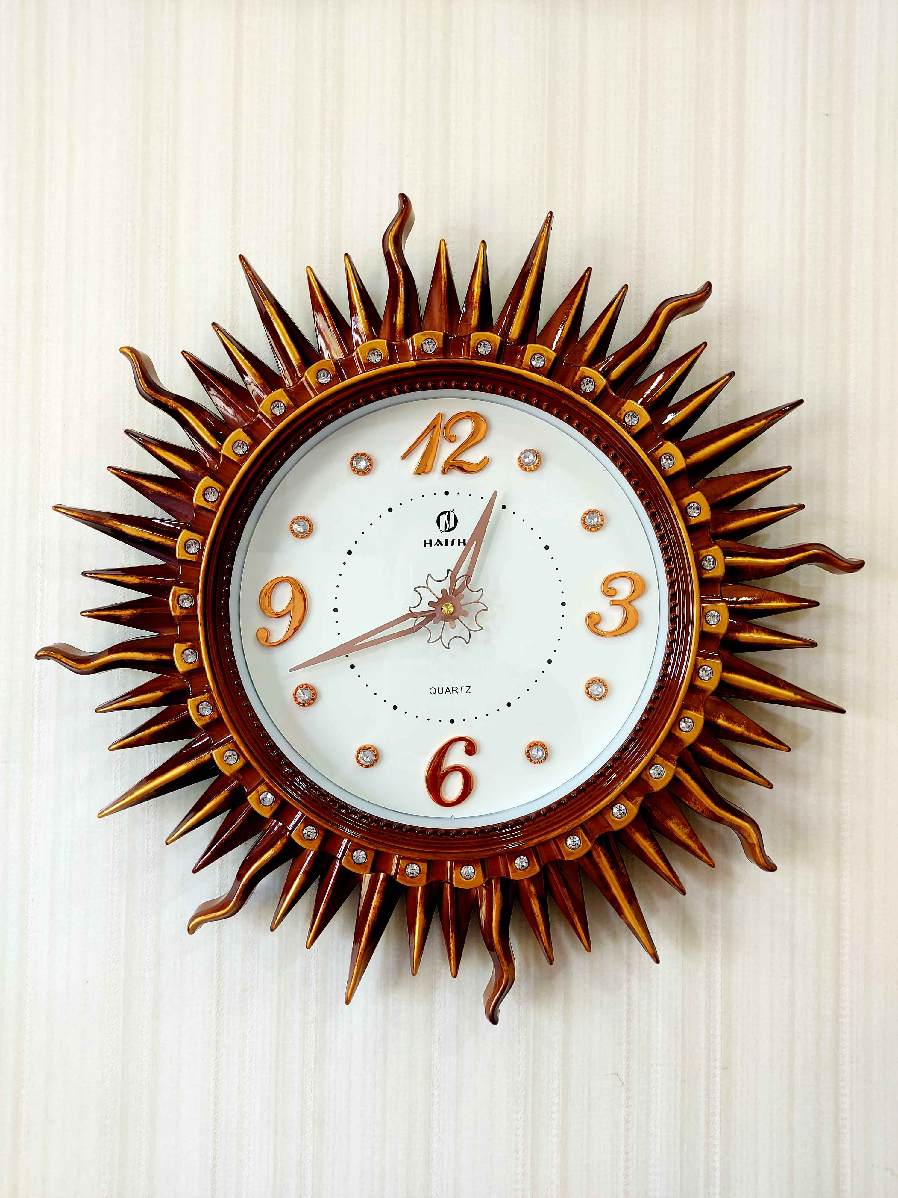 FunkyTradition Gold Brown Sun Shaped Wall Clock, Wall Watch, Wall Decor for Home Office Decor and Gifts 52 CM Tall