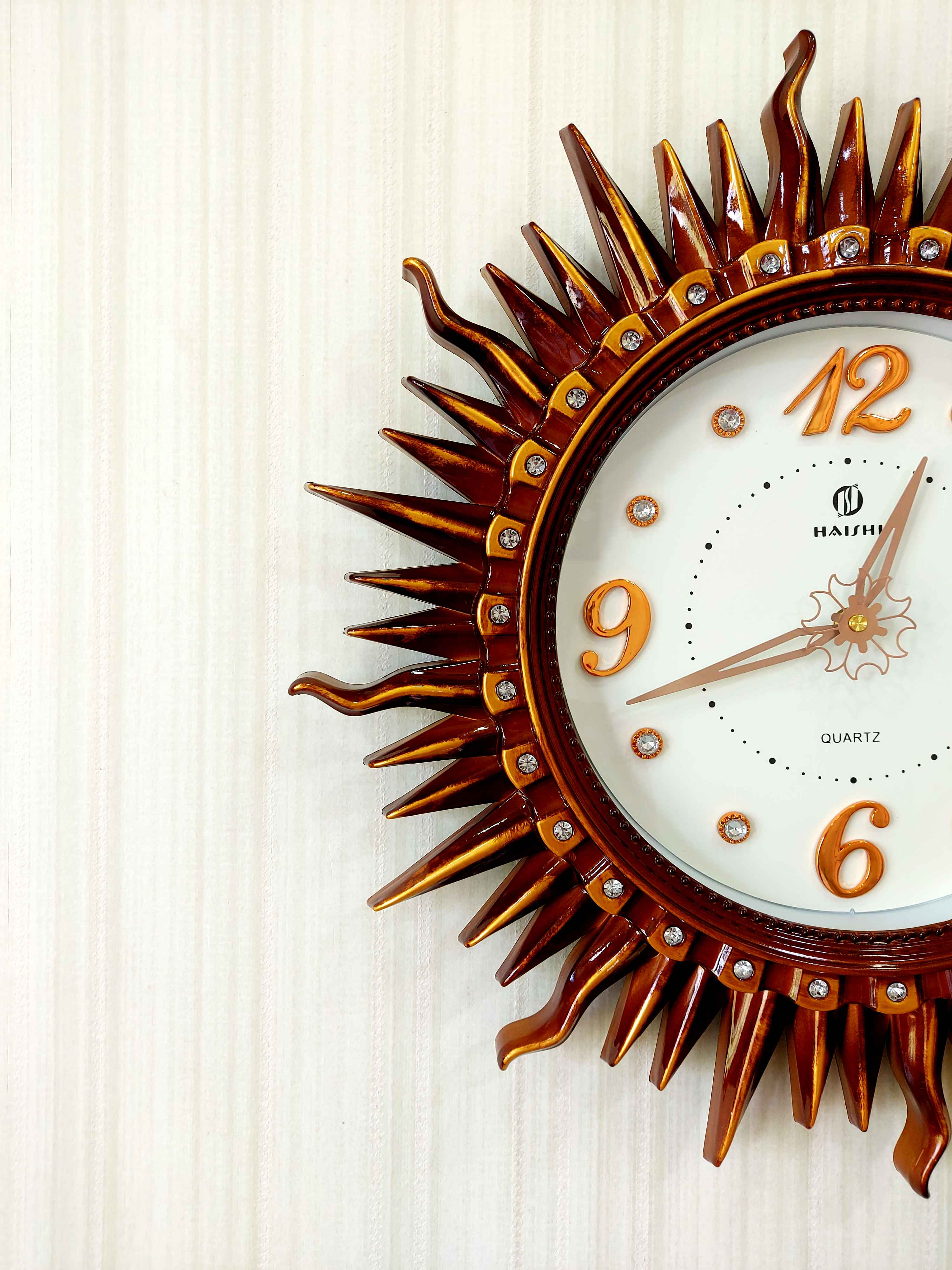 FunkyTradition Gold Brown Sun Shaped Wall Clock, Wall Watch, Wall Decor for Home Office Decor and Gifts 52 CM Tall