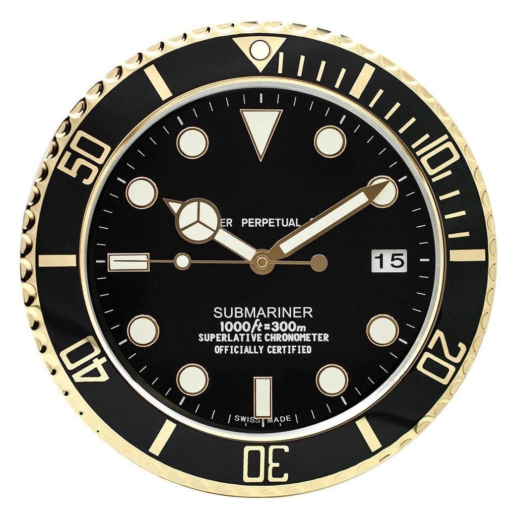 FunkyTradition Luxury Black Golden Submariner Stainless Steel Wall Clock For Royal Home and Bungalows, Wall Clock, Wall Watch