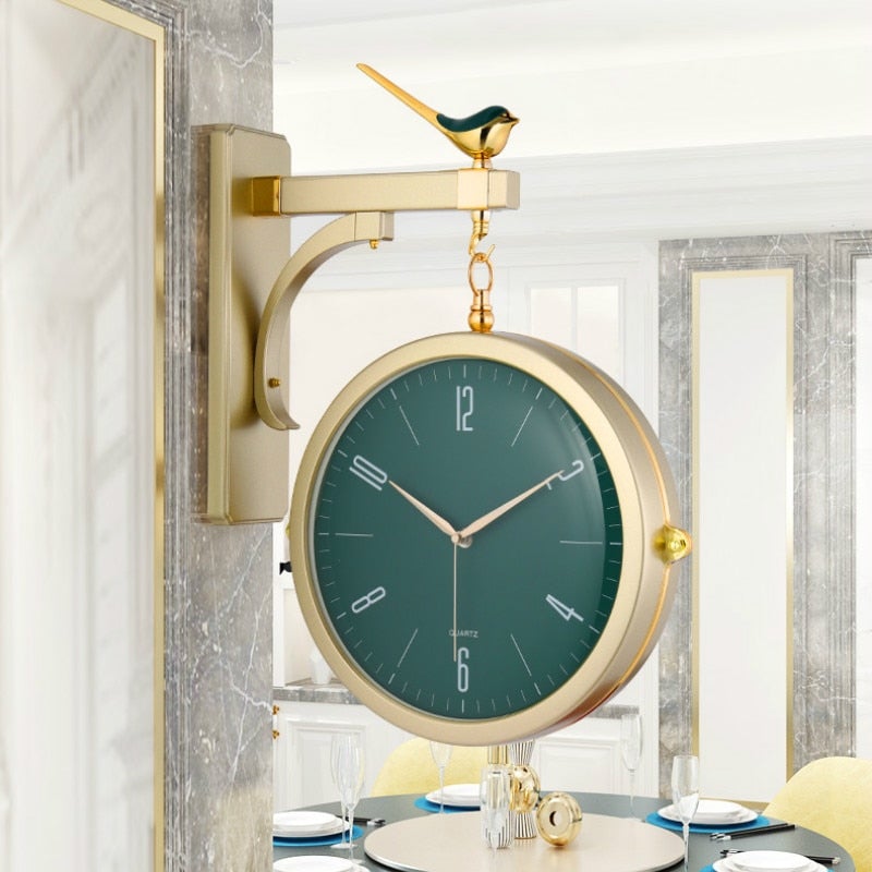 FunkyTradition Luxury Look Sparrow Golden Green Round Wall Hanging Double Sided 2 Faces Retro Station Wall Clock